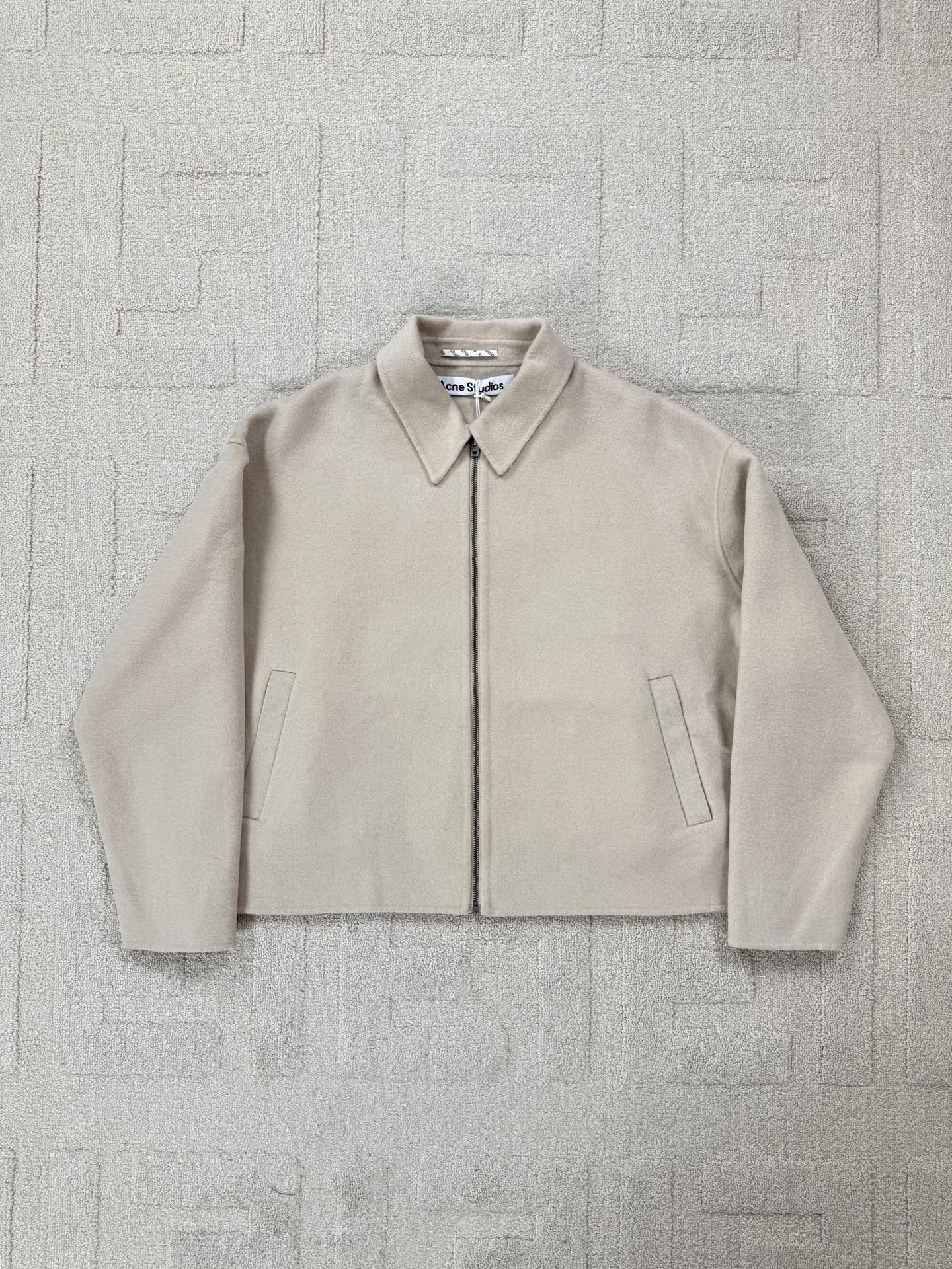 Acne Studios Wool Zip-Up Jacket, Relaxed Fit, Hip Length, Beige