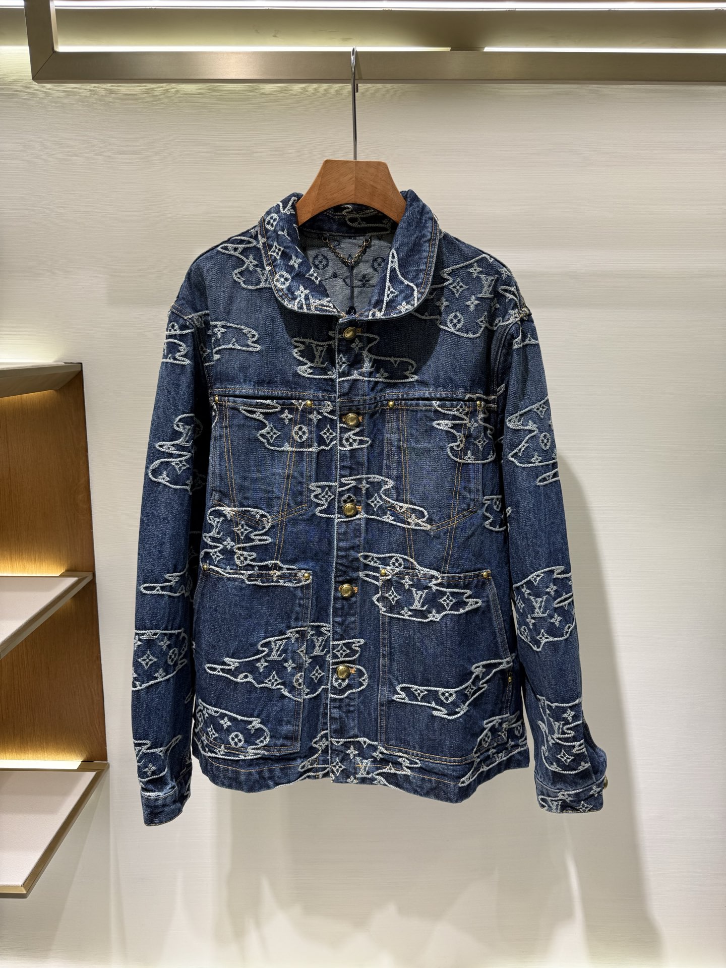Louis Vuitton Denim Jacket with Cloud Jacquard - Washed Blue,Button Closure