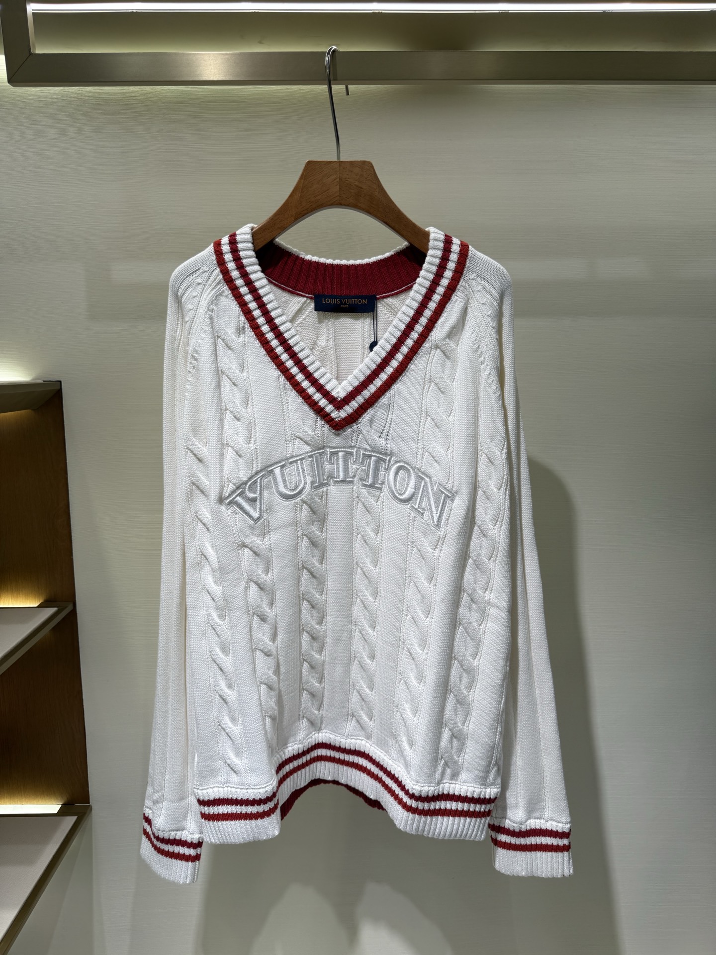 Louis Vuitton White V-Neck Cable Knit Sweater with Striped Trim