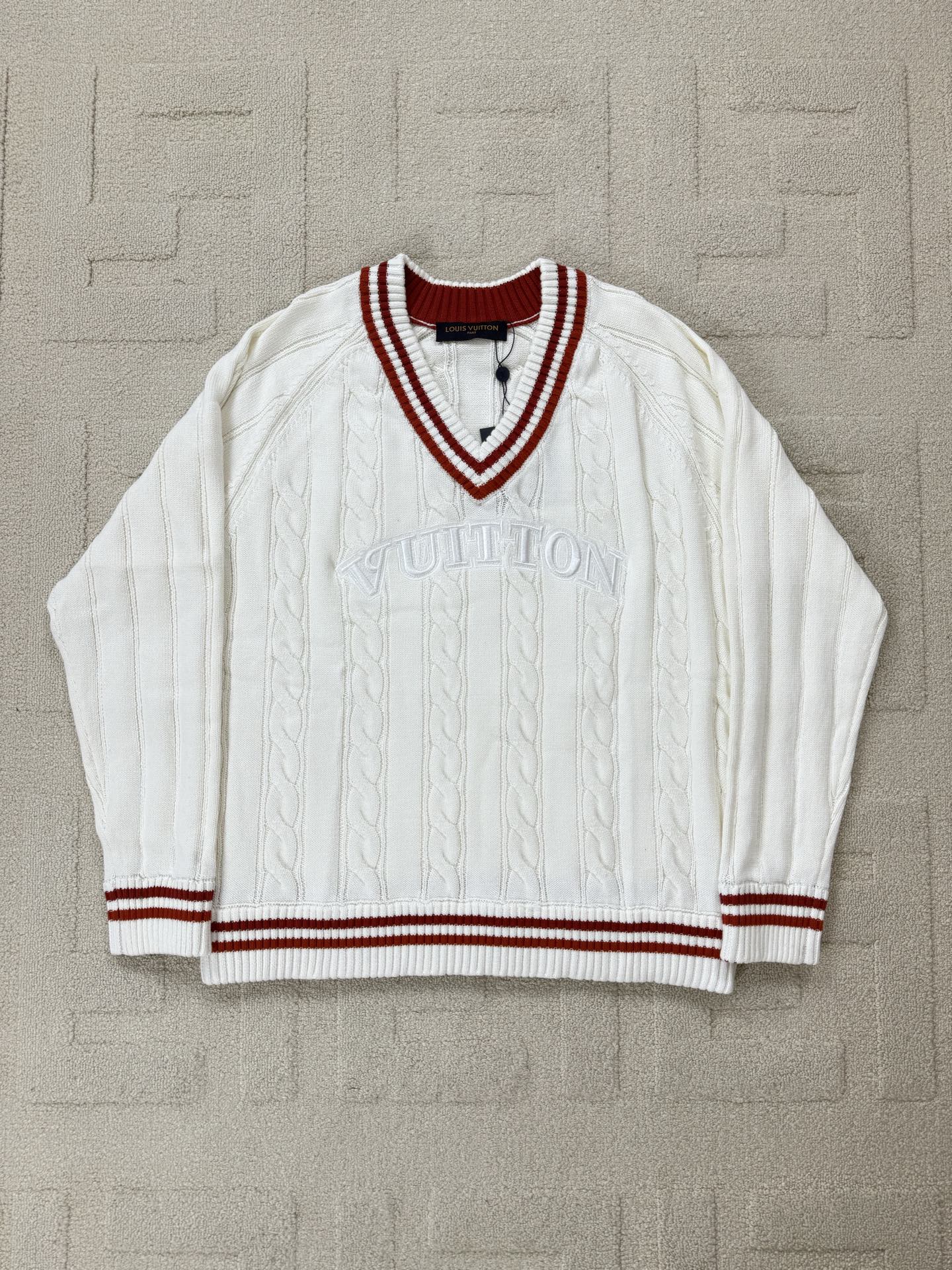 Louis Vuitton White Wool Blend V-Neck Cable Knit Sweater