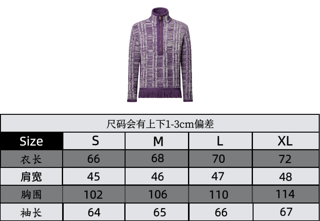 Guía de tallas de suéter Lv de jacquard a rayas con dobladillo con flecos y media cremallera P.380