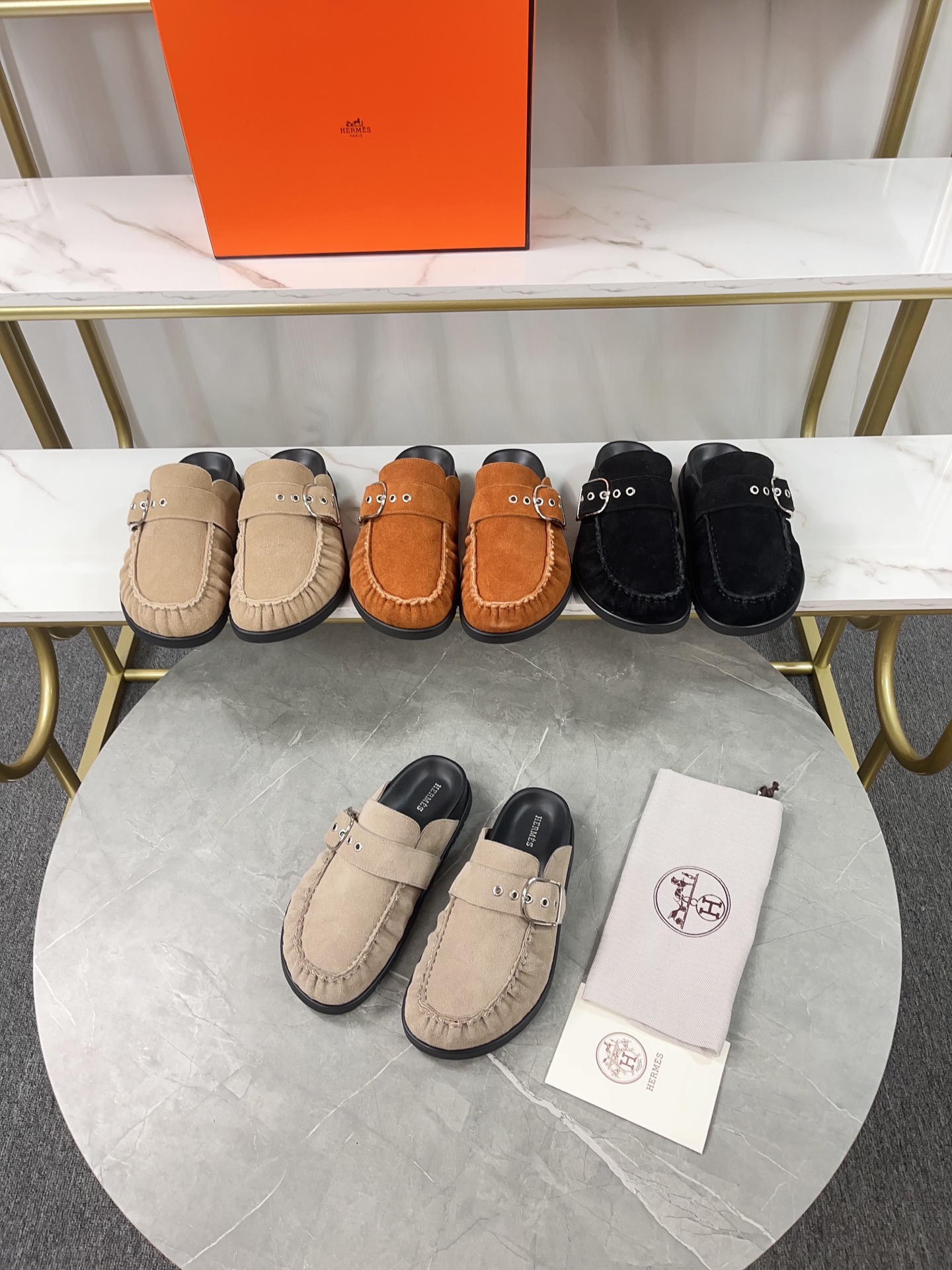 NO:225850,Herme's Latest couple styles Birken Slippers Old uncle's shoes Teddy mules H-slippers Original purchase and development Made of goods Herme GO series Suede goatskin and sheepskin mules, classic 