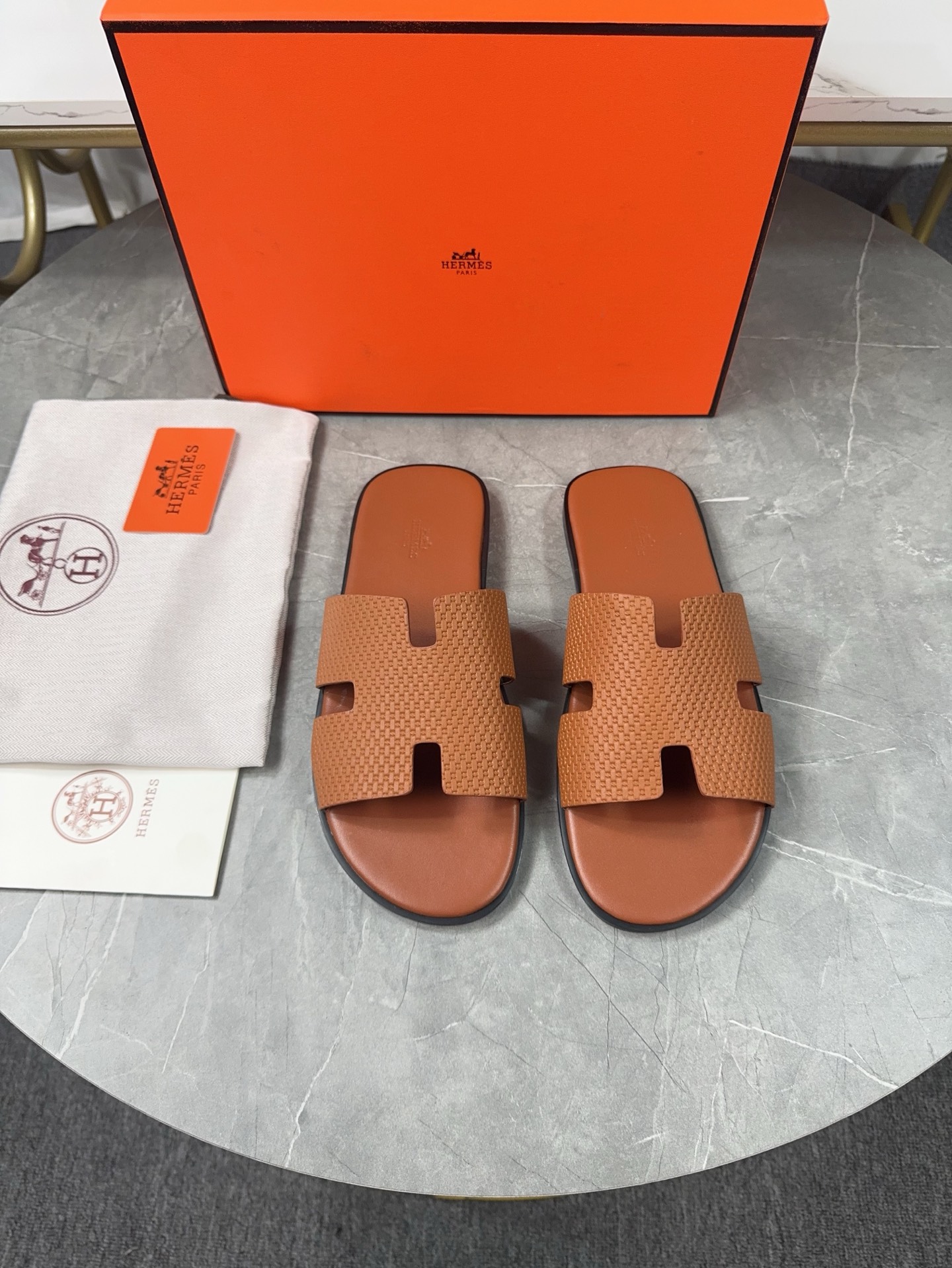 Hermes Men's H-Shaped Leather Sandals Handmade Rubber Sole Size 39-44