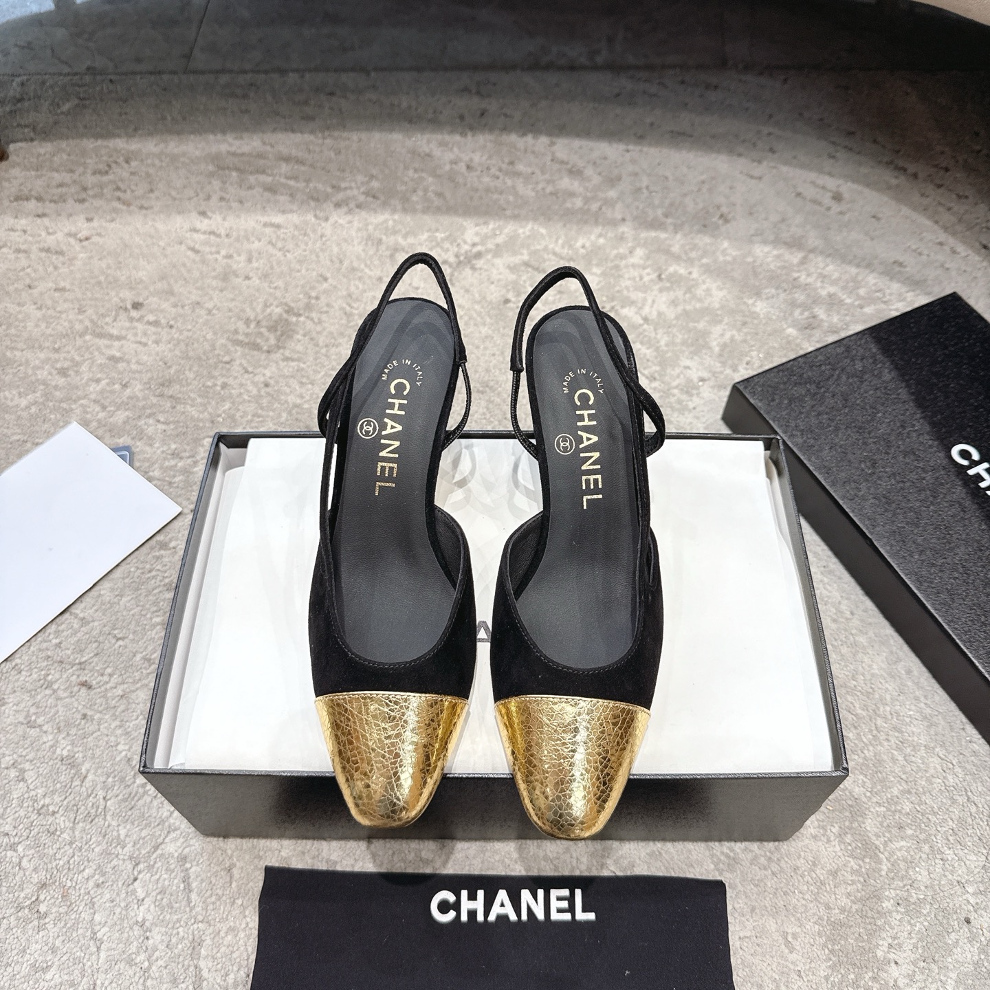 CHANEL トップクラス カウンター級 Sling-back カスタム 白百合同款 混種シープスキン+グリッター切替
