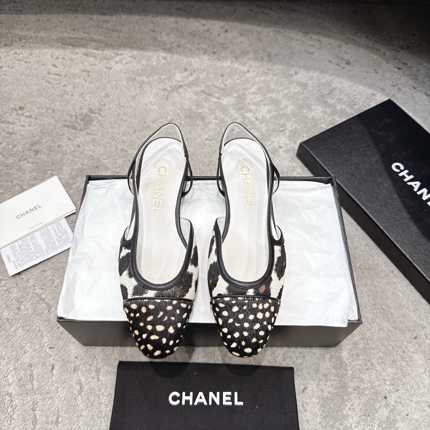 CHANEL トップクラス カウンター級 Sling-back カスタム 白百合同款 混種シープスキン+グリッター切替