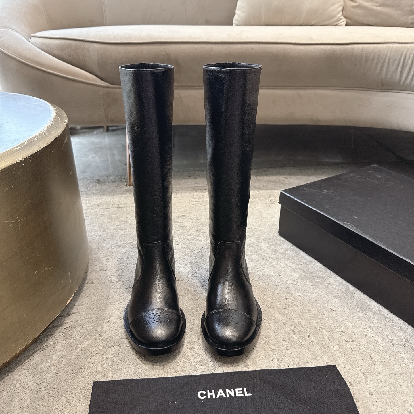 CHANEL Riding Boots Tall Calfskin Black Straight Shaft
