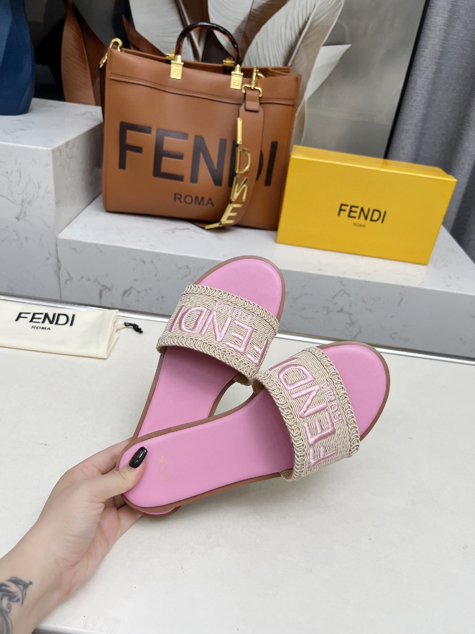 Fendi Women's Summer Pink Leather Sandals With Embroidered Logo Strap 1 Fendi Women's Summer Pink Leather Sandals With Embroidered Logo Strap