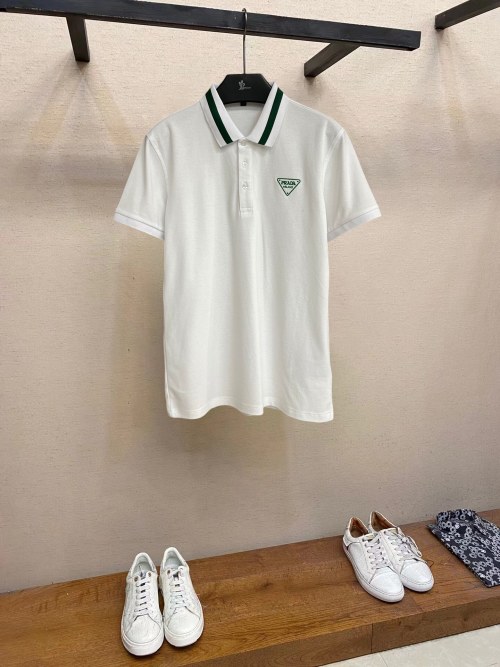Prada Men's White Polo Shirt with Green Trim and Logo 1 Prada Men's White Polo Shirt with Green Trim and Logo