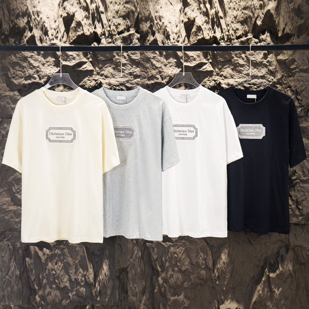 P85 DIOR/Dior Camiseta de manga corta con cuello redondo de 260 g de alta calidad Marca clásica y simple Letras bordada…
