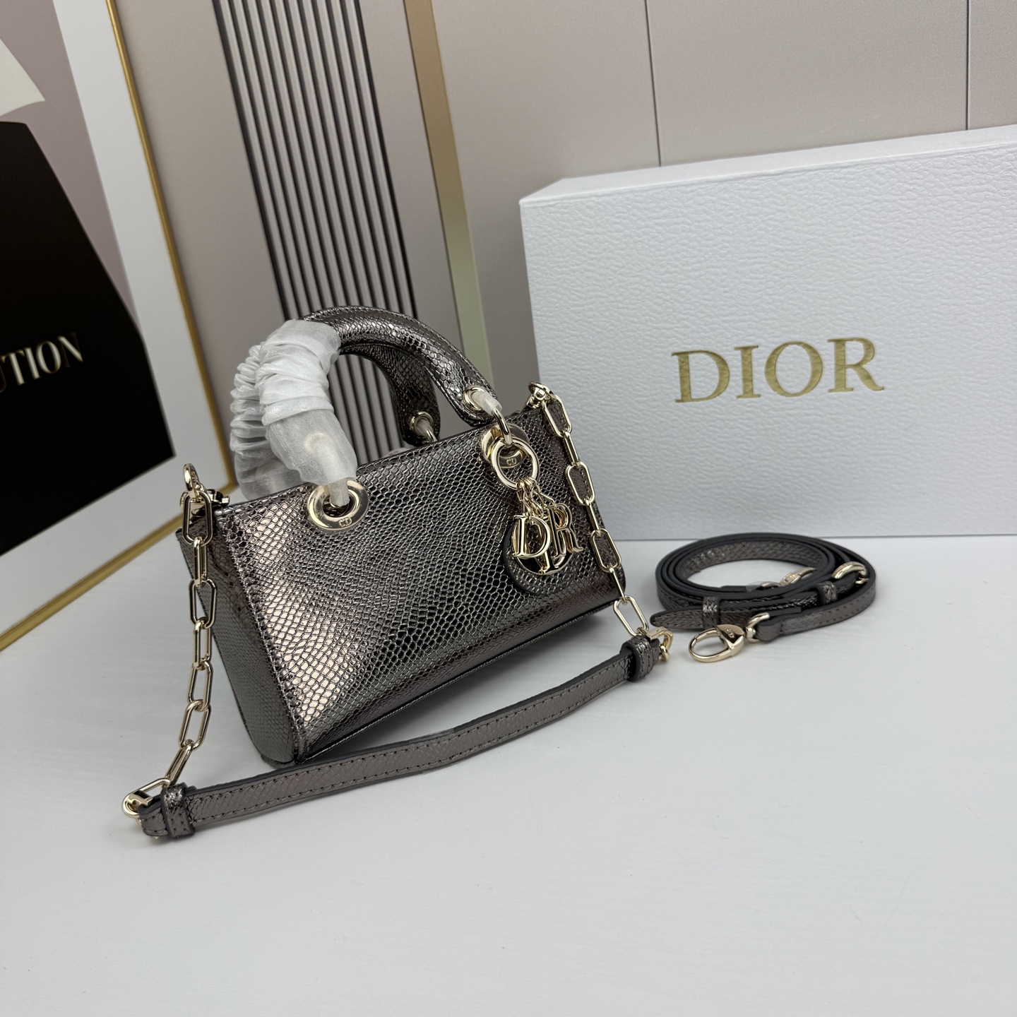 横版mini迪奥Dior 蜥蜴纹戴妃包🖤经典配色超级百搭比较稀有的皮质，搭配超级洋气🫧尺寸17.14