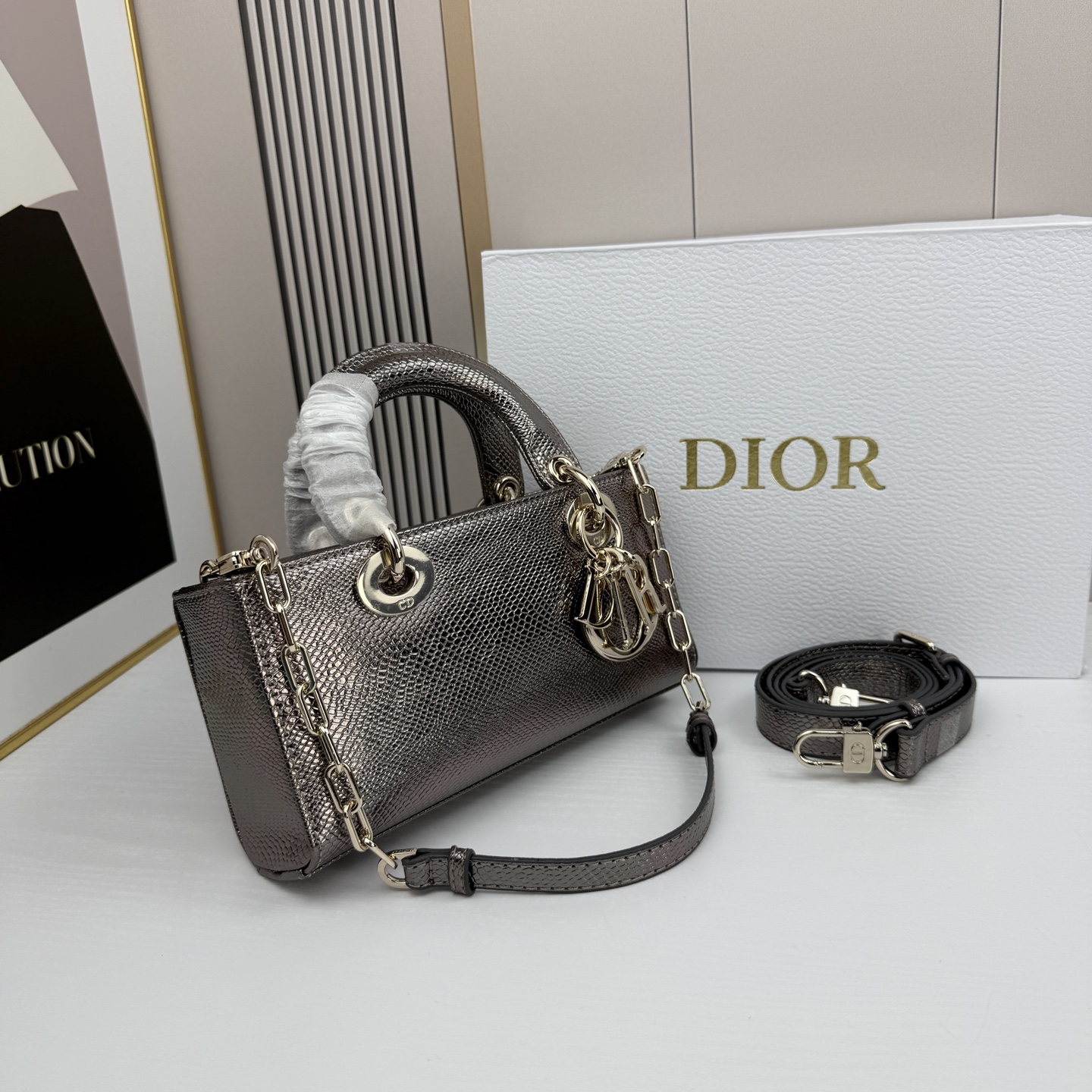 横版小号迪奥Dior 蜥蜴纹戴妃包🖤经典配色超级百搭比较稀有的皮质，搭配超级洋气🫧尺寸：22×13×4c