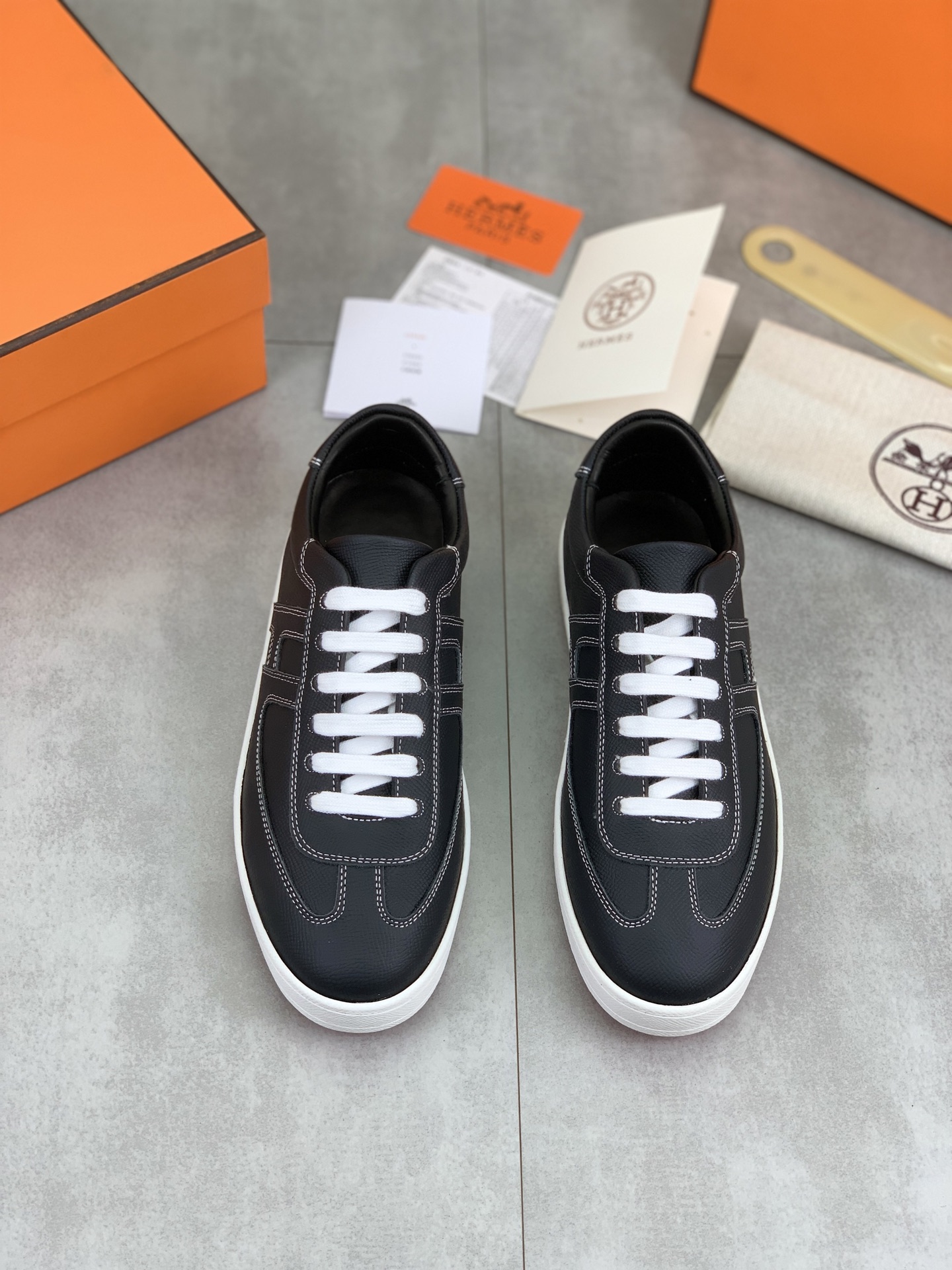 Hermes Men's Black Leather Sneakers with Laser-Cut Logo, Size 38-44 3 i1743177093313 98 0 1