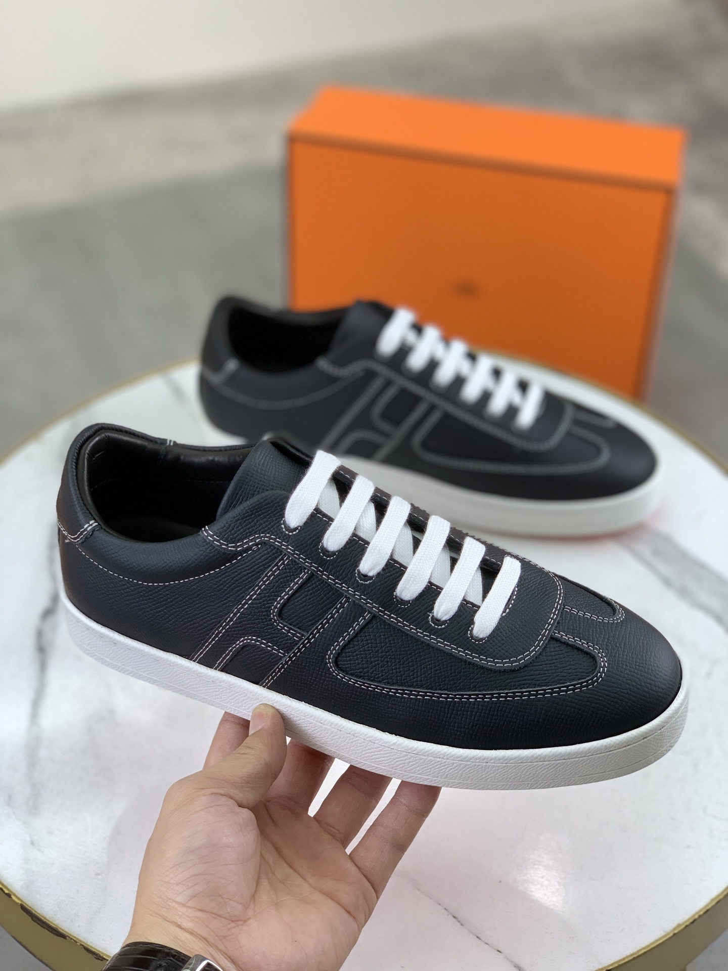 Hermes Men's Black Leather Sneakers with Laser-Cut Logo, Size 38-44 4 i1743177094550 9771 0 2