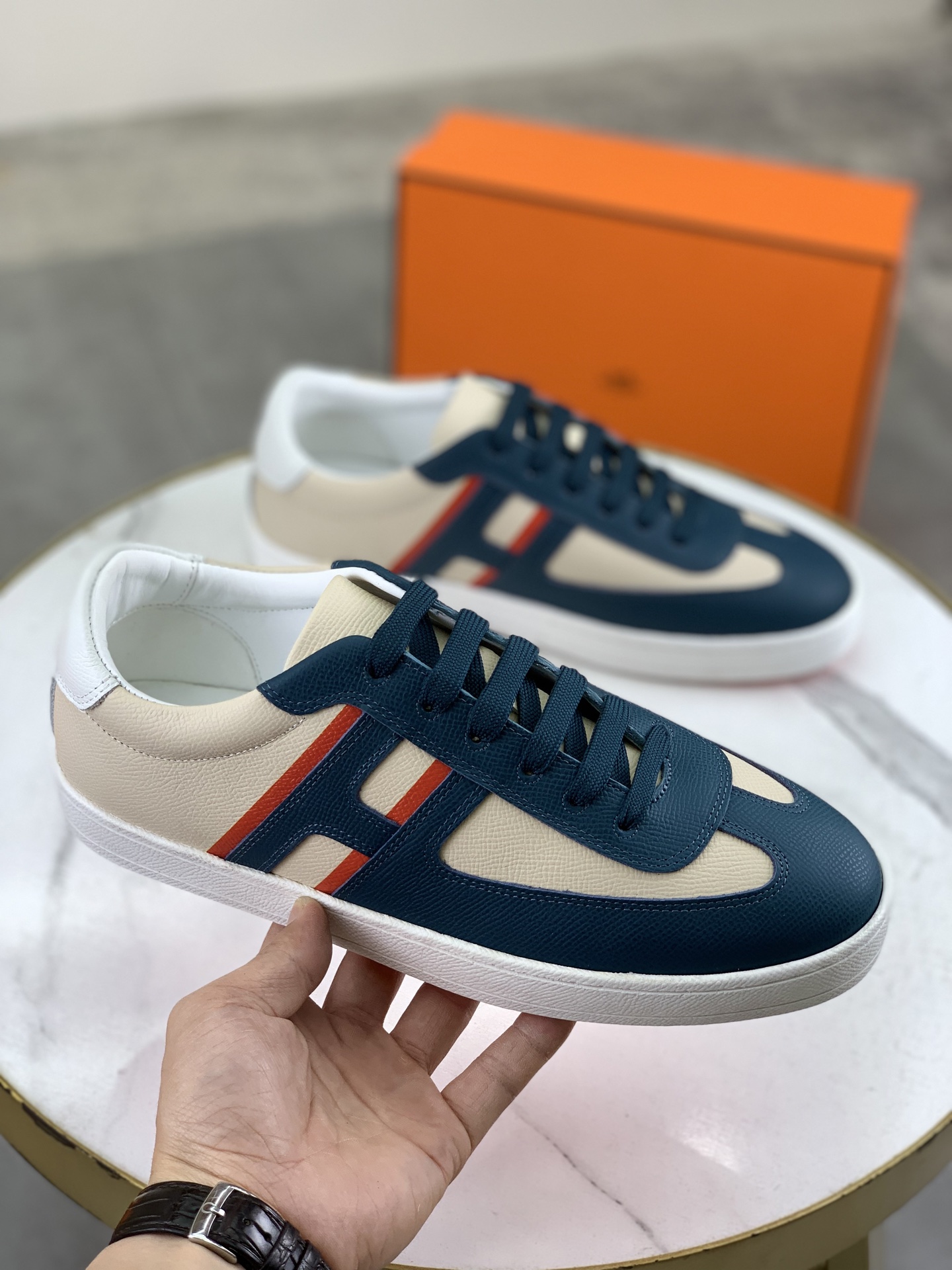 Hermes Men's Leather Sneaker Casual Lace-Up Shoes, Size 38-44 4 i1743177237688 706 0 2