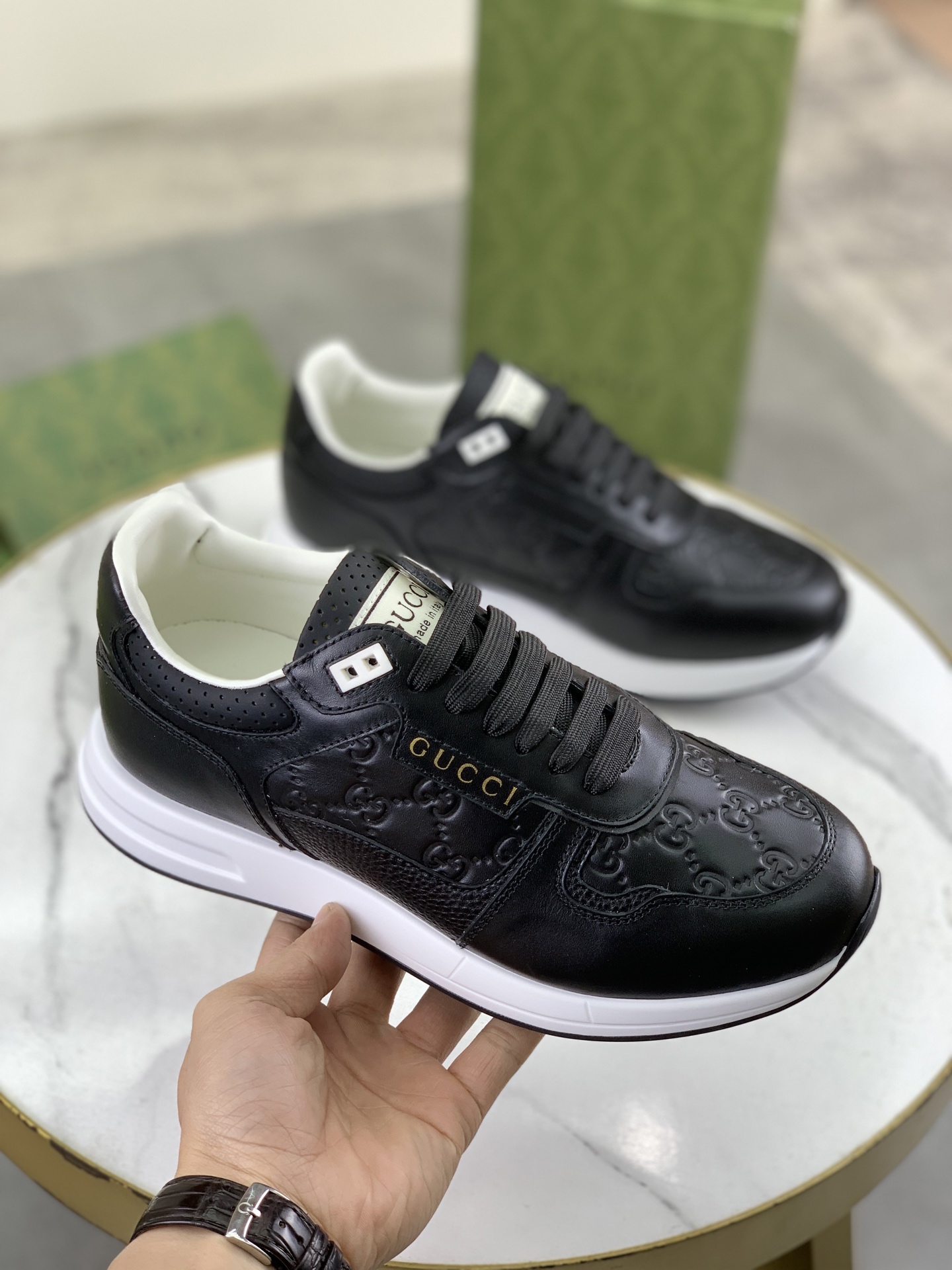 Gucci Men's Black Leather Lace-Up Sneakers with Embossed GG Pattern 4 i1743613678957 3188 0 2