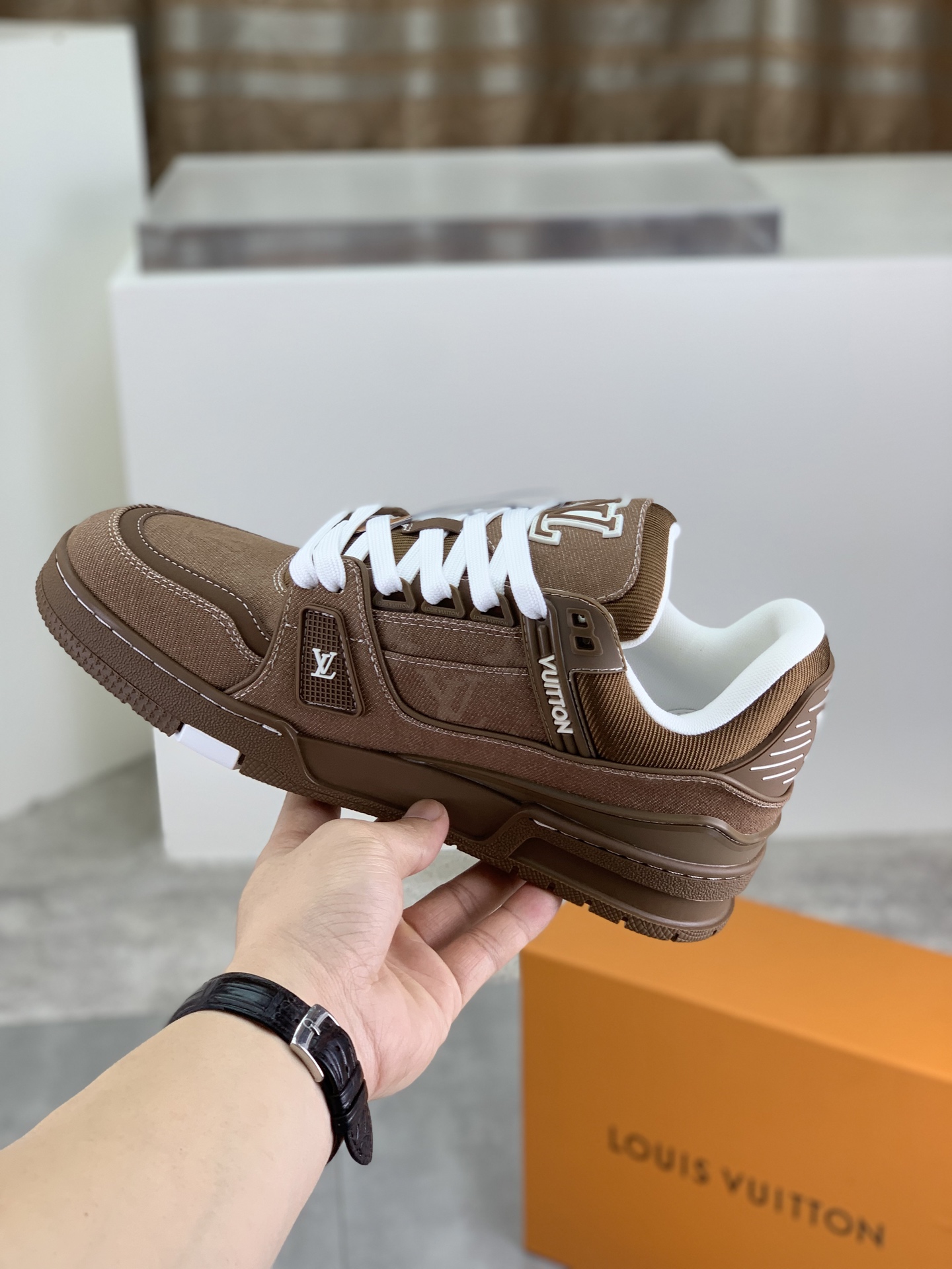 Louis Vuitton Brown Leather High-Top Sneakers, Couple Style, Size 35-45 7 i1746807575196 4867 0 5