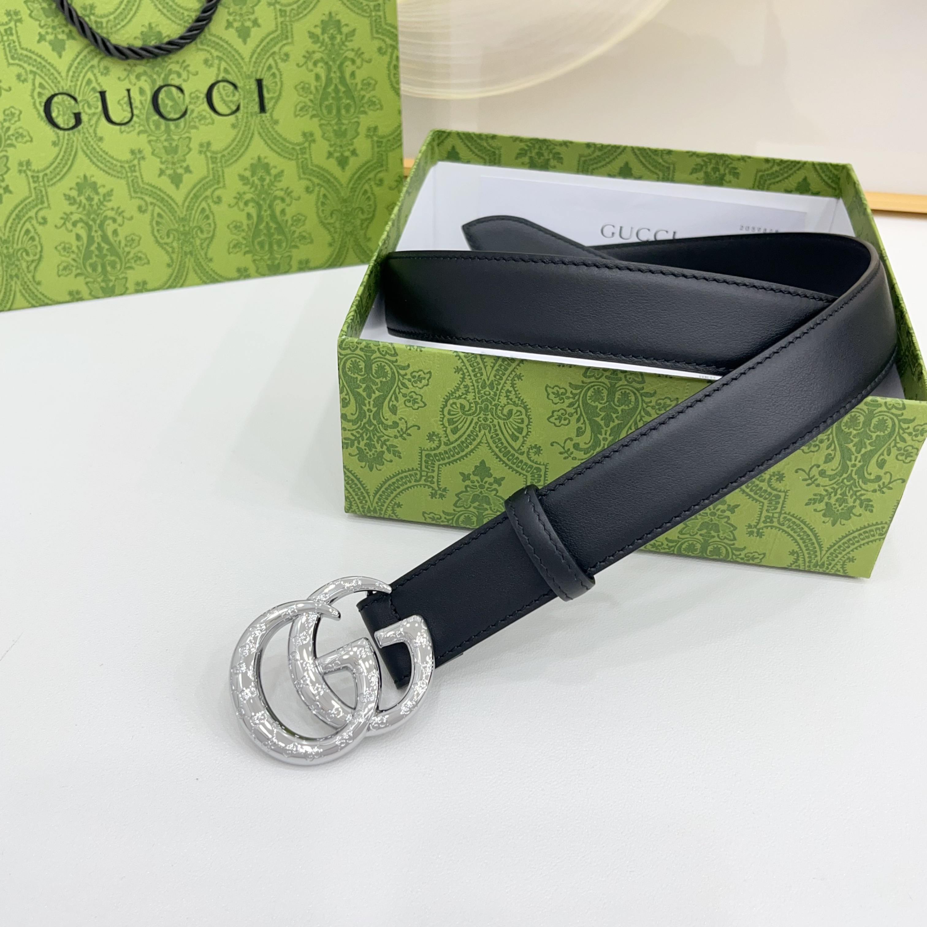 Gucci 3.0新款cc压花铜扣配双面头层牛皮，时尚百搭，商务休闲！