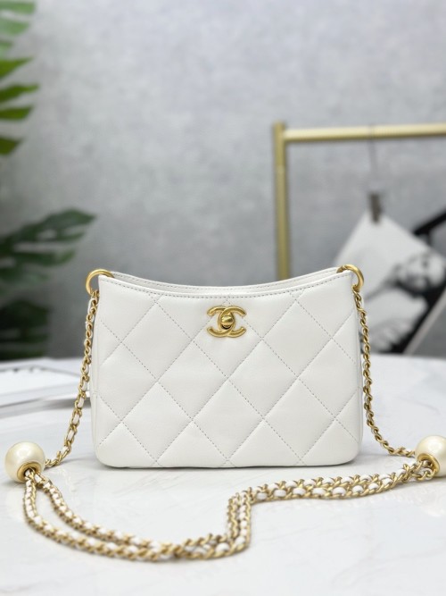 Elegant White Quilted Leather Chanel 22 Bag with Chain and Pearl Detail 1 Elegant White Quilted Leather Chanel 22 Bag with Chain and Pearl Detail