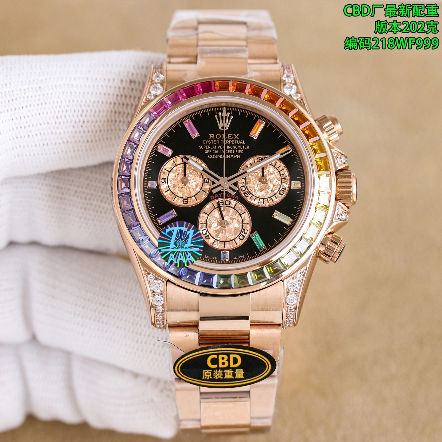 NO:585577,Shanghai: Dandong: Produced by 4750 CBD, weighted version, original weight!  Weight 202 grams, the highest version, unique customized large gold flower platinum eyes, matched with Zhengdandong all-in-one machine, with the ruby ​​in the center, the only version-matched movement, the pinnacle of craftsmanship and elegance, watch code, 218WF999, watch buckle code, 7CD!  The only version code, make sure the code is correct, and the quality is guaranteed!  The King of Rolex Daytonas—Rainbow Circle Daytona Series, Uniquely Customized Large Golden Flower Platinum Eyes, the Highest Version, High Quality, High-end Customized Edition,  The essence of the Rainbow Daytona lies in the outer ring gemstones with gradient colors. Natural gemstones are more or less defective, and the gemstones used will be optimized to achieve a pure, translucent, and rich texture. The CBD factory selected and matched the 36 gemstones with the most coordinated color gradient transition among tens of thousands of gemstones. The most difficult thing is that the watch is a small-scale mass production model, and the gradient gemstones required are not just one set, but at least dozens of sets. Only in this way can a corresponding number of watches be produced, resulting in a very rare output.  The hour markers on the dial use square-cut rainbow gradient gemstones, and the three chronograph subdials also use a technology called 'Gold Crystals'. The dial will show a layered texture like widmanstaffen-pattern Wedman cross-grained nickel-iron meteorite. When the watch is shaken, 'the irregular patterns on the Gold Crystals will refract due to different light, flickering and darkening, which is deep and special.'  Rainbow is a treasure given by nature to mankind, produced by CBD, watch code, 218WF999, watch deduction code, 7CD, high-end version!  A commitment to exceptional quality creates a harmonious symphony of colors that defines Rainbow Daytona.,,fendi,rolex19860909上海: 丹东:4750 CBD出品,配重版本,原版重量！重量202克,最高版本,独特定制的大金花铂金眼,搭配正丹东一体机,认准红宝石居中,唯一对版机芯,工艺与优雅的巅峰之作,腕表编码,218WF999,腕表扣码,7CD！唯一对版编码,认准编码,品质保证！ 劳力士迪通拿中的皇者—彩虹圈迪通拿系列,独特定制大金花铂金眼,最高版本,高品质,高端定制版, 彩虹Daytona的精髓就在于颜色渐变的外圈宝石.天然的宝石或多或少都有缺陷,采用的宝石会进行优化处理,以达到纯净、透亮、浓郁的质感.CBD厂在数以万计的宝石中挑选、搭配出了颜色渐变过渡最协调的那36颗.最为艰难的是,腕表是小规模量产款,所需的渐变宝石不是止一组,而是至少几十组,这样才能够生产相应只数的手表,导致产量十分稀少. 面盘上时标使用了方形切割的彩虹渐变色宝石,三个计时小表盘也使用了一种名为『Gold Crystals金晶』的技术,表盘会呈现widmanstaffen-pattern韦德曼交纹镍铁陨石一样的层次感,当晃动手表时,『Gold Crystals金晶上面的不规则图案会因为光线的不同而发生折射,忽明忽暗,深邃特别 彩虹是大自然赐予给人类的瑰宝,CBD出品,腕表编码,218WF999,腕表扣码,7CD,高端版本！对卓越品质的承诺,创造出和谐的色彩交响曲,定义了彩虹迪通拿.,,fendi,rolex,Watch