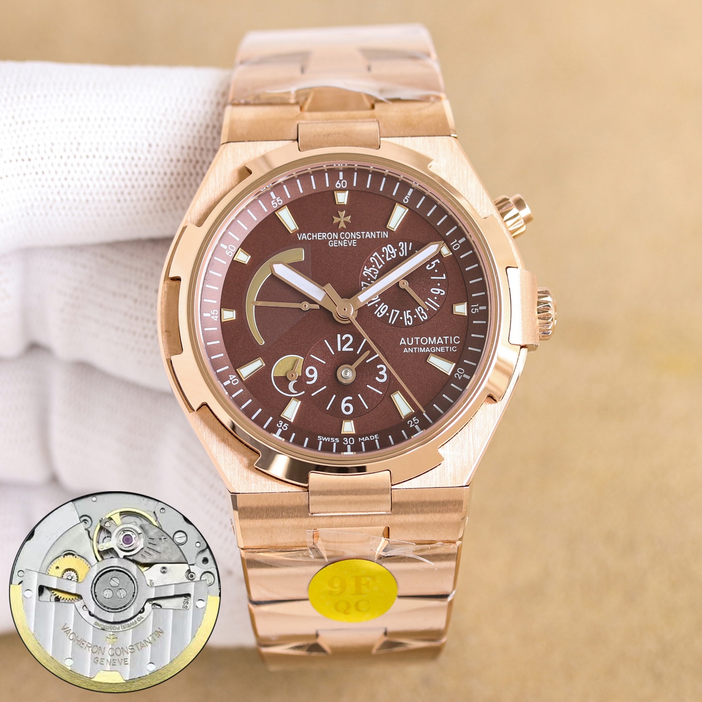 NO:640991,[9F Factory New Product] Tape Belt Rose Steel Belt, Rose 2700 Vacheron Constantin VC Across the World (47450) Multifunctional Men's Automatic Mechanical Watch!  MIYOTA movement-modified all-in-one machine has 28,800 vibrations per hour and a power reserve of 40 hours!  The watch has a diameter of 42 mm, a case thickness of 12 mm, a dense bottom cover design, and a waterproof depth of 150 meters!  316 stainless steel, sapphire glass, optional strap, tape, steel strap, folding buckle!  [Introduction to the function layout of the dial] The kinetic energy storage function display at 10 o'clock, the calendar function display at 2 o'clock, the second time zone function display at 6 o'clock, and the 24-hour day and night function display at 7-8 o'clock!  ,,vacheron19860909【9F Factory 新品】胶带皮带玫 钢带,玫2700江诗丹顿VC纵横四海(47450)多功能男士自动机械腕表！ MIYOTA机心改一体机28800每小时震荡次数,动力储存40小时！表经42毫米,表壳厚度12,密底底盖设计,防水深度150米！316精钢,蓝宝石玻璃,表带可选皮带、胶带、钢带,表扣折叠扣！【表盘功能布置介绍】10点位的动能储存功能显示, 2点位的日历功能显示,6点位第二时区功能显示,7-8点位24小时昼夜功能显示！,,vacheron,Watch