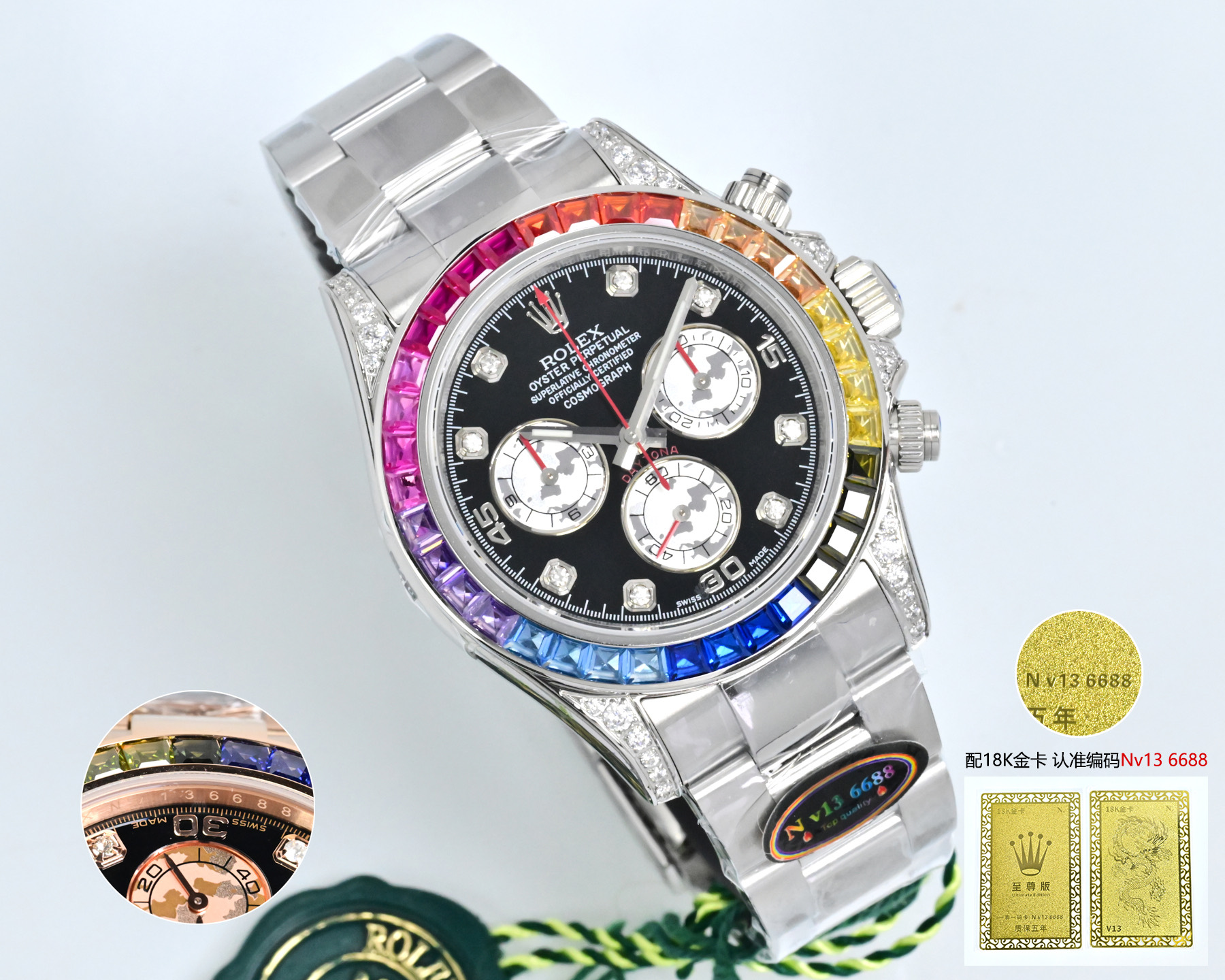 NO:640997,Produced by N v13 Tape Style Stone 50 Steel Belt N v13 Factory Supreme Edition Rainbow Daytona (must come with 18k gold card/exclusive label/gold card synchronized shell ring inner code engraving N v13 meaning 'smooth career, prosperous wealth') PG5 original molding ultra-thin film removal at the thinnest 12.2mm, overall forged 904 L steel, long-lasting wear resistance, top brushing technology. Key quality details 1  The ring edge is made of top-quality moissanite (the small workshop has a dull and dead color). The dial is consistent with the original round stone or bar stone on the chassis. There is an original bottom tray to support the gemstones. 2Swiss process is strictly inspected by QC, and the bottom of the plate is dust-free and flawless... allowing customers to save worry, effort and trouble. 3The steel shell is synchronously raised with a suspension bridge at the four corners for bending, and the corners of the head grains are smooth and seamless (the head grains and shells are uneven and have large gaps when they are close together in small workshops, and the workmanship is rough) 4  Focus on adhering to the genuine N steel buckle craftsmanship with full texture and button coding, (the movement adopts the new original Dongdan low-tube ultra-thin 7750) (original size 40mm) (sapphire glass) (tested: waterproof to a depth of 100 meters) (Gold card VIP defaults to gold card for quick after-sales) (warm reminder: film removal/scratching/cannot be sold for a second time will not be returned or exchanged, only warranty) The best luxury recommendation for gift giving, please look for the exclusive quality of N v13,19860909N v13 出品 胶带款条石50 钢带 N v13 Factory 至尊版彩虹迪通拿（ 必配18k金卡/独家标签/金卡同步壳圈内侧码雕刻N v13  寓意“事业顺利、财运亨通”） PG5 原版开模超薄拆膜最薄12.2mm , 整体锻造904 L 钢, 持久耐磨,顶级拉丝工艺. 重点品质细节 1 圈口采用顶级宝石正莫桑石（小作坊暗淡死色）字盘对版底盘圆石或条石原版一致有原底托盘撑起宝石 2瑞士流程严检QC、盘底无灰尘、无瑕疵 … 让客户上手省心省力省烦恼3钢壳同步四边角吊桥凸起供弯、头粒边角无缝隙平整（小作坊头粒与壳并拢凹凸不平缝隙大,工艺粗糙） 4 重点秉承正N钢带扣工艺细节质感十足,扣子编码 ,（机芯采用全新原版东丹低管超薄7750）（原版尺寸40mm)(蓝宝石玻璃)(经测:深度防水100米）（金卡VIP 默认金卡快速售后）（温馨提示:拆膜/刮花/再无法第二次出售的均不退换只保修）送礼最佳奢华推荐请认准N v13独家品质,,Watch