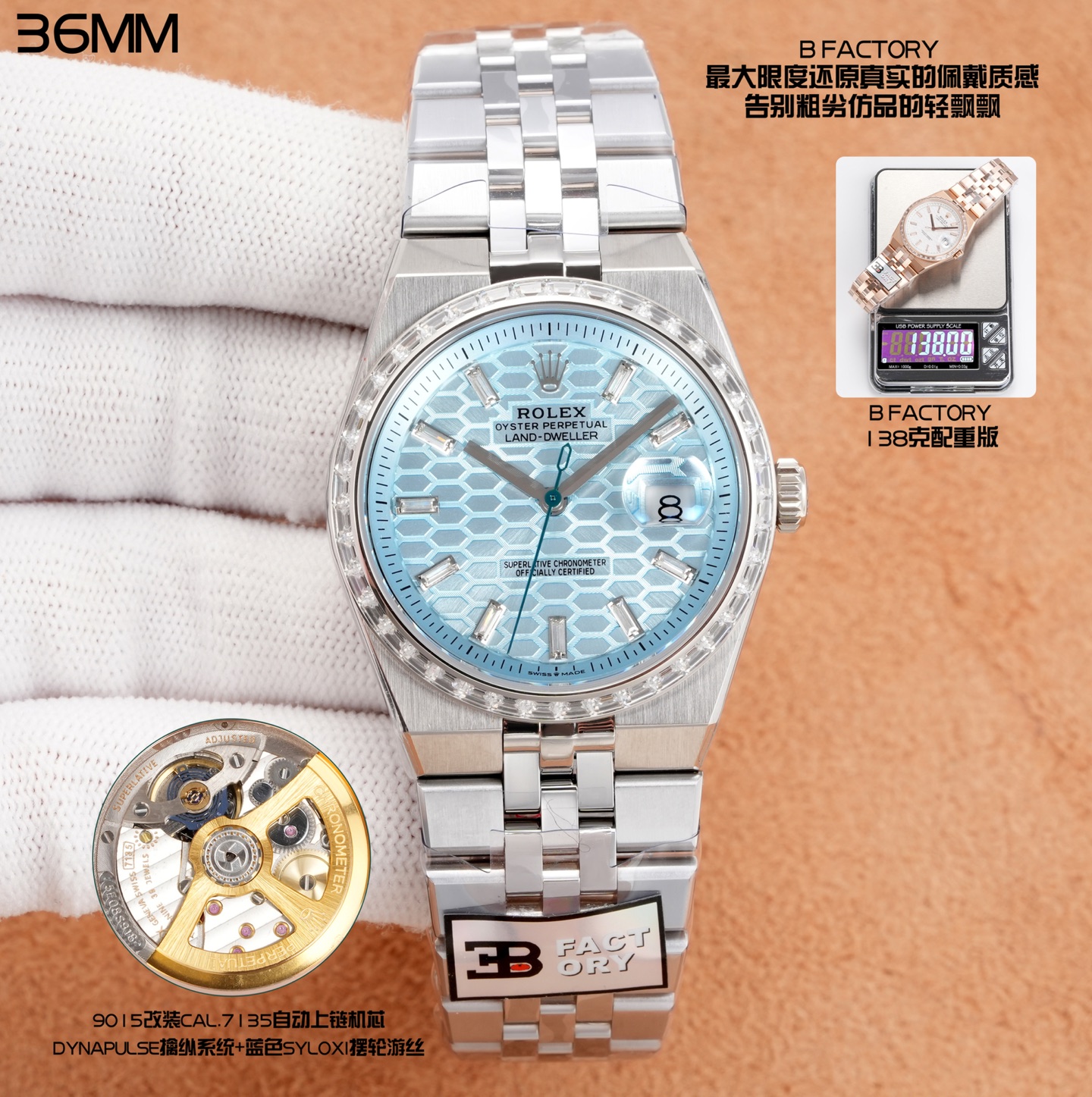 NO:662756,Aperture Diamond B Factory Gram-weighted version Restores the true wearing texture to the greatest extent Say goodbye to the lightness of inferior imitations ROLEX Land-Dweller Dimensions 36mm 9.7mm Case to face 8.9mm lug spacing and triangular grooved bezel One-piece case Bracelet to face 23mm 16mm CNC chamfered polishing and satin brushing process Flat Jubilee slim commemorative bracelet  The honeycomb pattern on the dial is combined with femtosecond laser engraving and decorated with 8 Swiss ultra-long luminous nails. Movement 9015 modified Cal.7135 self-winding movement Dynapulse escapement system blue Syloxi balance spring. We sincerely invite you to experience the top land-based masterpiece currently on the market.19860909光圈 钻 B Factory 克配重版 最大限度还原真实的佩戴质感 告别粗劣仿品的轻飘飘 ROLEX Land-Dweller陆使型 尺寸36mm9.7mm 表壳对版8.9mm表耳间距及三角坑纹表圈一体式表壳 表链对版23mm16mm 经CNC倒角抛光及缎面拉丝工艺Flat Jubilee纤薄纪念型表链 表盘蜂巢图案配合飞秒激光雕刻并饰以8颗瑞士超长夜光钉 机芯9015改装Cal.7135自动上链机芯Dynapulse擒纵系统蓝色Syloxi摆轮游丝 诚邀您一起体验目前市面最顶级的陆使型佳作,,Watch