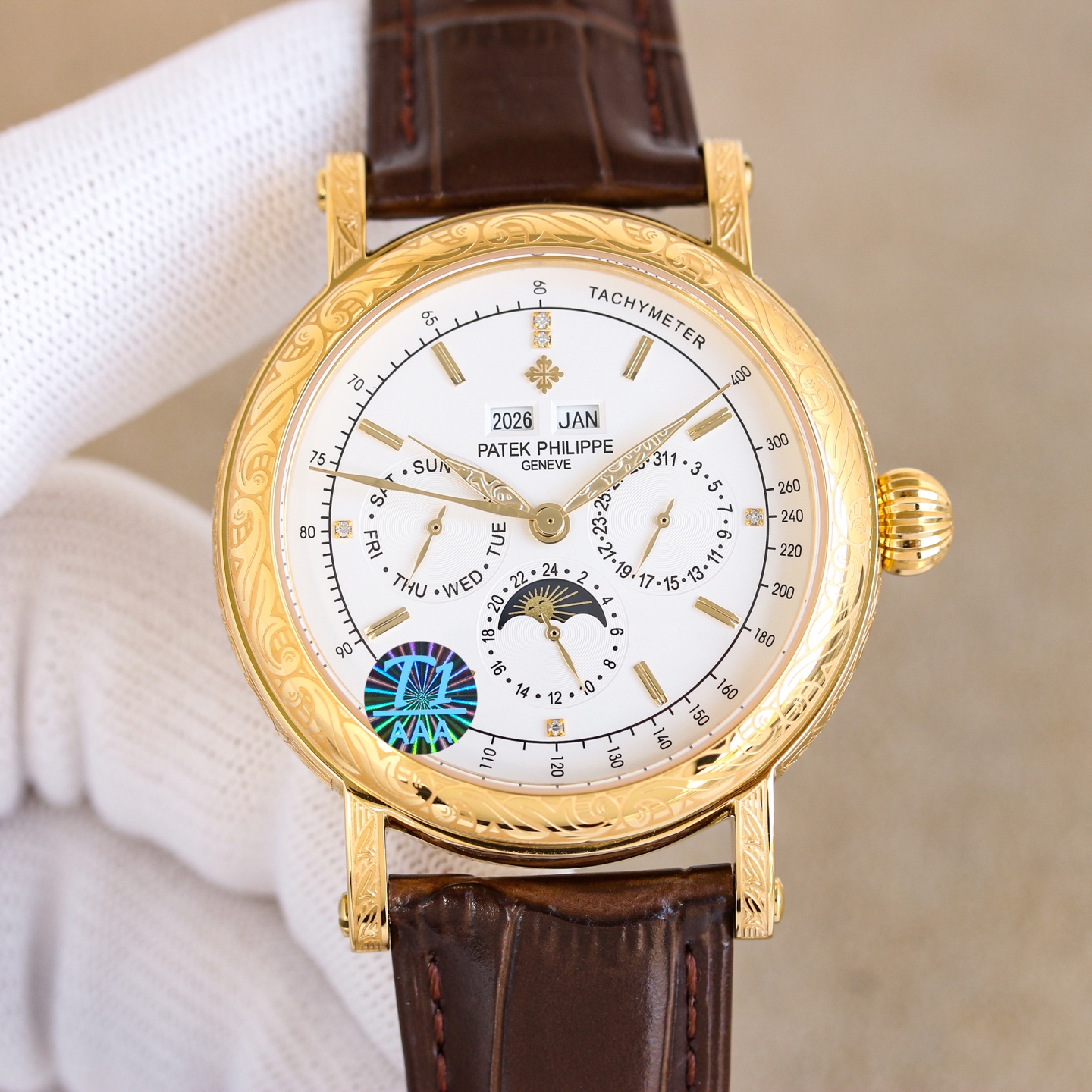 NO:689077,The white gold Patek Philippe Engraved Watch is a beautiful medal on the wrist. In the dazzling galaxy of watchmaking, the Patek Philippe Engraved Watch is like the most dazzling star.  On the dial, the delicate and exquisite carvings are like flowers blooming in time. Every petal and every vein is carefully carved by the watchmaker with uncanny skills. The carvings seem to give life to the watch, showing a dynamic beauty in the interplay of light and shadow. When the light falls gently, the carvings are like agile elves dancing on the dial, performing a silent dance of luxury.  1. Equipped with imported multi-functional movement [non-market ordinary domestic movement] (zero repair) function (24 hours, week/star/month), this watch has a power reserve of 38-48 hours. 2. Imported 316L stainless steel, using 18k quality furnace vacuum plating!  3. Paired with exclusive customized square scale cowhide strap. 4. Wear-resistant and scratch-resistant sapphire glass mirror!  530 meters waterproof level. Patek Philippe is simple but not simple!  The quality of the actual shooting is the same!  ,,patek philippe,cowhide19860909白金 百达翡丽雕花腕表腕间的绝美华章 在制表的璀璨星河里,百达翡丽雕花腕表宛如一颗最为耀眼的星辰. 表盘之上,细腻而精致的雕花宛如盛开在时光中的繁花.每一片花瓣、每一道脉络,皆由制表师以鬼斧神工般的技艺精心雕琢.那雕花仿若赋予了腕表生命,在光影交错间,展现出动态的美感.当光线轻轻洒落,雕花之处便似灵动的精灵在表盘上舞动,演绎着一场无声的奢华之舞. 1搭配进口多功能机芯【非市场普通国产机芯】（零返修）功能（24小时,星期/星辰/月份）此腕表拥有38-48小时动力储备. 2进口316L精钢,采用18k品质炉内真空电镀！ 3搭配独家定制方形鳞纹牛皮表带 4耐磨防刮蓝宝石玻璃镜面！ 530米生活防水等级. 百达翡丽（Patek Philippe） 简约而不简单！实物拍摄品质如一！,,patek philippe,cowhide,Watch