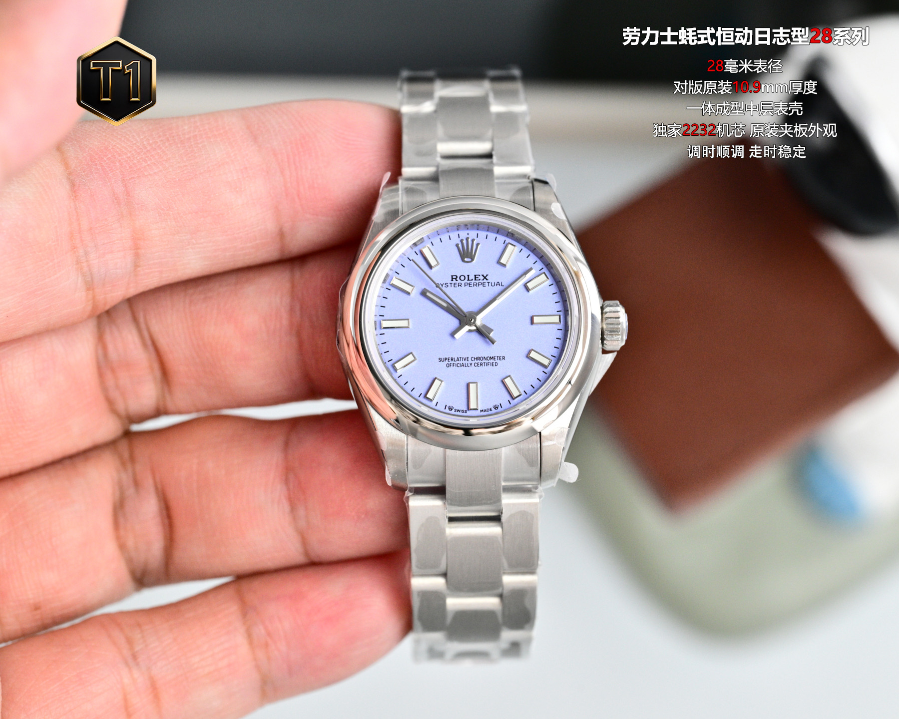 NO:689121,The unified CS Oyster Perpetual Datejust 28 series is equipped with the exclusive 2232 movement, with stable and reliable quality; consistent with the original thickness of 10.9mm, case diameter of 28mm; one-piece middle case, screw-in bottom cover and winding crown; top-notch workmanship, each strap fits perfectly with the lug, giving the highest comfort to the wrist.19860909统一 CS蚝式恒动日志型28系列 搭配独家2232机芯,品质稳定可靠； 与原装一致厚度10.9mm表径28mm； 一体成型中层表壳,旋入式底盖及上链表冠； 顶级做工,每条表带与表耳完美契合,给予手腕最高的舒适度,,Watch
