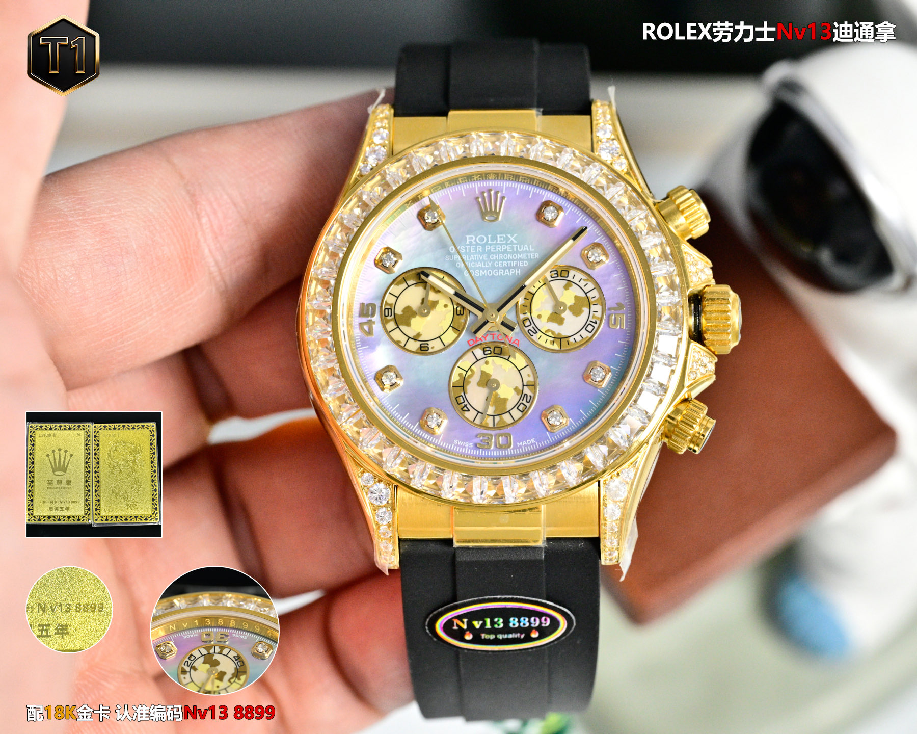 NO:741630,N v13 produced tape style steel belt N v13 Factory Supreme Edition Rainbow Daytona (must come with 18k gold card/exclusive label/gold card synchronized shell ring inner code engraving N v13 meaning 'smooth career, prosperous wealth') PG5 original molded ultra-thin film with the thinnest 12.2mm, integrally forged 904 L steel, durable wear-resistant, top brushing technology. Key quality details 1  The ring edge is made of top-quality moissanite (the small workshop has a dull and dead color). The dial is consistent with the original round stone or bar stone on the chassis. There is an original bottom tray to support the gemstones. 2Swiss process is strictly inspected by QC, and the bottom of the plate is dust-free and flawless... allowing customers to save worry, effort and trouble. 3The steel shell is synchronously raised with a suspension bridge at the four corners for bending, and the corners of the head grains are smooth and seamless (the head grains and shells are uneven and have large gaps when they are close together in small workshops, and the workmanship is rough) 4  Focus on adhering to the genuine N steel buckle craftsmanship with full texture and button coding, (the movement adopts the new original Dongdan low-tube ultra-thin 7750) (original size 40mm) (sapphire glass) (tested: waterproof to a depth of 100 meters) (Gold card VIP defaults to gold card for quick after-sales) (warm reminder: film removal/scratching/cannot be sold for a second time will not be returned or exchanged, only warranty) The best luxury recommendation for gift giving, please look for the exclusive quality of N v13,19860909N v13 出品 胶带款钢带 N v13 Factory 至尊版彩虹迪通拿（ 必配18k金卡/独家标签/金卡同步壳圈内侧码雕刻N v13  寓意“事业顺利、财运亨通”） PG5 原版开模超薄拆膜最薄12.2mm , 整体锻造904 L 钢, 持久耐磨,顶级拉丝工艺. 重点品质细节 1 圈口采用顶级宝石正莫桑石（小作坊暗淡死色）字盘对版底盘圆石或条石原版一致有原底托盘撑起宝石 2瑞士流程严检QC、盘底无灰尘、无瑕疵 … 让客户上手省心省力省烦恼3钢壳同步四边角吊桥凸起供弯、头粒边角无缝隙平整（小作坊头粒与壳并拢凹凸不平缝隙大,工艺粗糙） 4 重点秉承正N钢带扣工艺细节质感十足,扣子编码 ,（机芯采用全新原版东丹低管超薄7750）（原版尺寸40mm)(蓝宝石玻璃)(经测:深度防水100米）（金卡VIP 默认金卡快速售后）（温馨提示:拆膜/刮花/再无法第二次出售的均不退换只保修）送礼最佳奢华推荐请认准N v13独家品质,,Watch