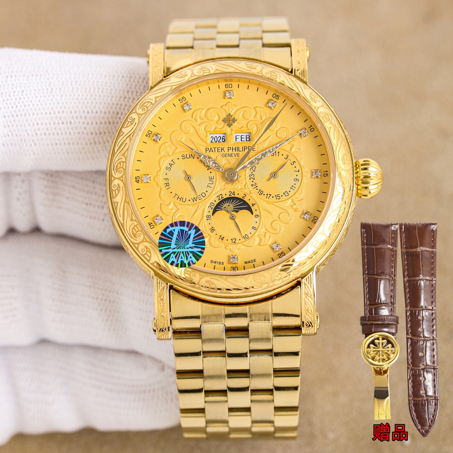 NO:764150,White shell, gold shell [Rose] [Rose] [Iron-marked silver hook, vigorous and powerful] High-looking new product, simple, retro, and exquisite craftsmanship!  The best collection of the year - Patek Philippe Classic Super Complex Multi-Function Perpetual Calendar Function Watch. The team spent more than two years carefully designing it, regardless of cost, daring to be the first, striving for perfection, overcoming many difficulties, and breaking through multi-layered technical bottlenecks. The movement model is CH 29-upgraded version, with stable quality!  The 6 o'clock position on the dial is the moon phase display and date division. All the perpetual calendar signs are very good and can be read at a glance. It is equipped with an imitation 324 S Q self-winding movement, which is a hardcover version of the 324 self-winding legendary movement. [Strap] Classic steel strap with clear lines and good texture. Paired with the top Patek Philippe universal original on the market, no pressure.  The elegant Calatrava carved case is very personalized. The 42 mm diameter is suitable for popular male hands and is consistent with the counter. It can be used for both business and leisure. Big factory quality!  Welcome to reprint!  ,,patek philippe19860909白壳,金壳 [玫瑰][玫瑰]【铁划银钩 苍劲有力】高颜值新品 古朴.复古.精湛的工艺！ 年度最佳典藏之作——百达翡丽古典超级复杂多功能 万年历功能腕表 团队历时两年多精心设计,不计成本,敢为人先,力求完美,克服重重难关,突破多层技术瓶颈,机芯型号为CH 29- 升级版,质量稳定！表盘6点位置是月相显示和日期分拨.所有的万年历标志都很好,一眼就能读懂.内里搭置了仿324 S Q 自动上链机芯,是 324 自动上条传奇机芯的精装版本.【表带】经典钢表带,纹路清晰,质感好.搭配圈市面最顶级的百达翡丽通用原装无压力. 优雅的Calatrava雕花表壳极具个性,42毫米的表径适配大众男性手寸,与专柜一致,非常商务可亦休闲.大厂品质！欢迎转载！,,patek philippe,Watch