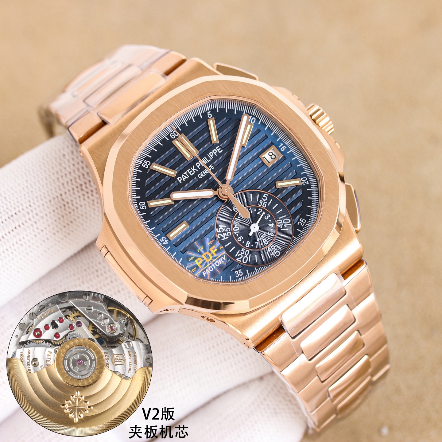 NO:764211,Plywood integrated PDF Patek Philippe NAUTILUS series multi-function chronograph case The classic pillow-shaped case is authentic and adopts a combination of two processes of front brushing and side polishing, with a clear sense of layering and full texture. It shows exquisite craftsmanship. The strap is made of the original strap one to one, and the polished center bead of each strap can show the shape of a diamond, showing a high-end texture.  The movement is equipped with a customized version of the CH28-520 ultra-thin integrated movement, which perfectly restores the original, hours, minutes, seconds, date, and chronograph large seconds functions.,,patek philippe19860909夹板 一体 PDF百达翡丽NAUTILUS  系列多功能计时码表 表壳正品一致的经典枕型表壳采用正面拉丝,侧面抛光的两种工艺组合,层次感分明,质感十足.尽显精湛工艺. 表带采用原装表带一比一量身打造,每节表带的中珠抛光部位,都能呈现钻石的形状,尽显高级质感. 机芯搭配定制版CH28-520超薄一体机芯,完美还原正品,时分秒,日期,和计时大秒功能.,,patek philippe,Watch
