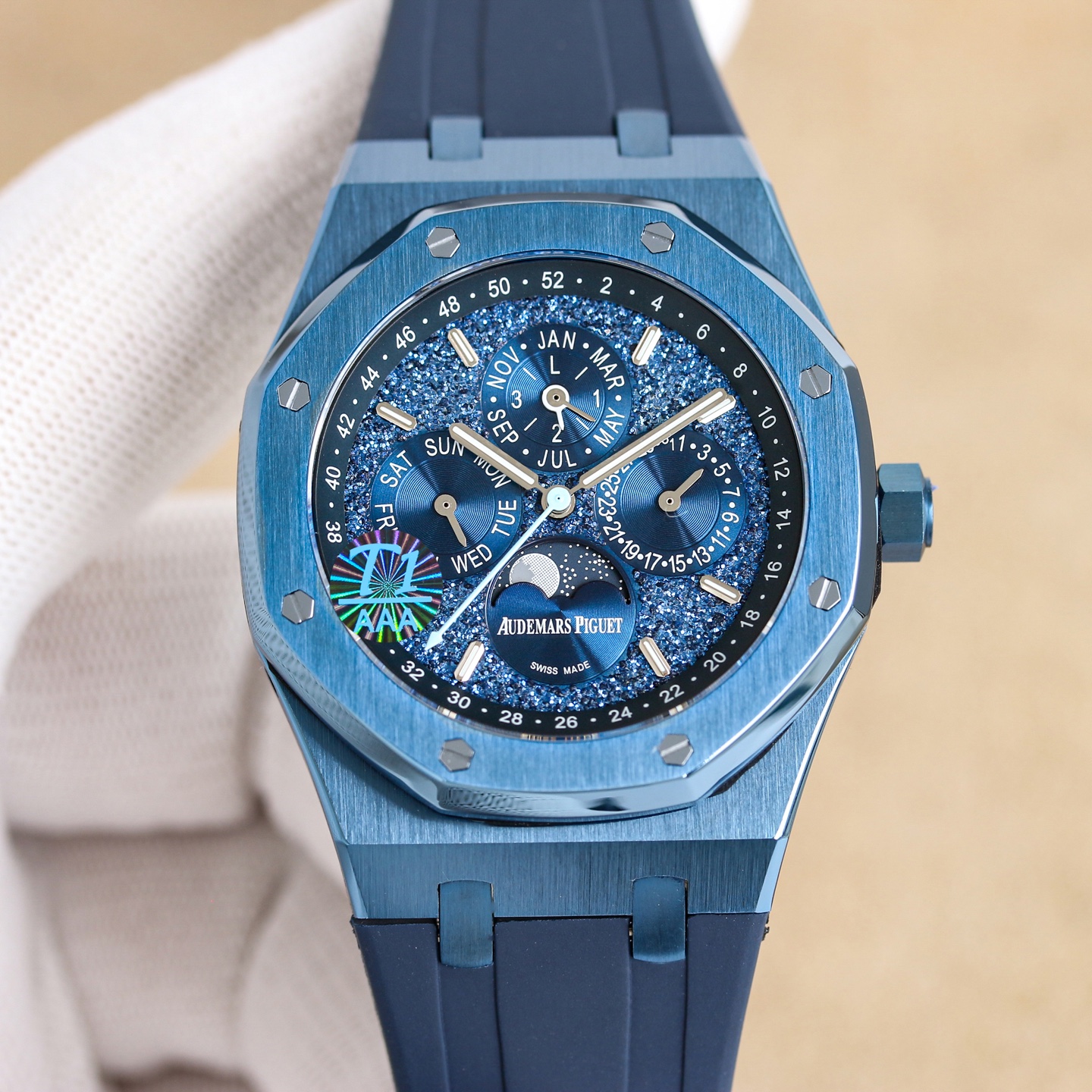 NO:850124,Uniform color 50 steel belt/tape same price. AP Audemars Piguet Royal Oak 26574ST series men's watch!  A perfect and personalized experience!  1 diameter 41MM!  2 is equipped with a customized version of Cal.5134 movement, which perfectly restores functions!  3. All functions such as calendar, day of the week, month, moon phase, etc. are all real functions and can be used normally. (Steel belt, tape, and belt models are optional) 3. The watch case is made of 316L fine steel, and the entire shell is processed with high-precision CNC, and the density is consistent with the original!  4 The entire text is perfectly presented in accordance with the original color!  5-piece shell set with ring opening, shell and bottom cover. The overall angle perfectly reflects the drawing process and the fusion of quality and beauty!  ,,audemars19860909统一 色50 钢带/胶带同价. AP爱彼皇家橡树26574ST系列男士腕表！完美与个性的体验！ 1直径41MM！ 2搭载定制版Cal.5134机芯,完美还原功 能！ 3日历,星期,月份,月相等一切功能均为真功能可正常使用.（可选配钢带款,胶带款,皮带款） 3表壳采用316L精钢材质,整壳CNC高精准处理,密度与原装吻合！ 4字面整体按照原装颜色完美呈现！ 5壳套分圈口.壳.底盖三件套,整体角度完美体现拉丝工艺,品质与美的融合！,,audemars,Watch