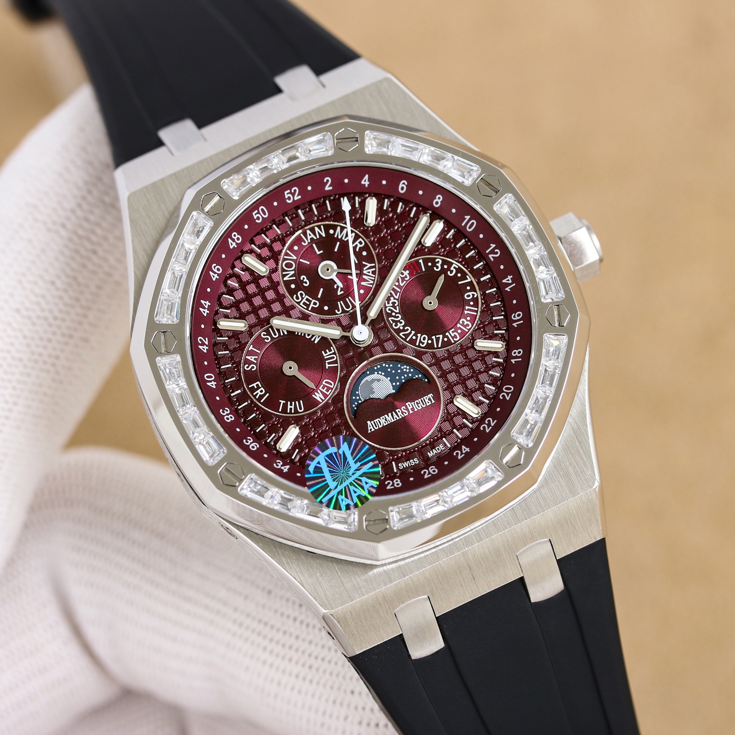 NO:850314,Uniform color 50 steel belt/tape same price. AP Audemars Piguet Royal Oak 26574ST series men's watch!  A perfect and personalized experience!  1 diameter 41MM!  2 is equipped with a customized version of Cal.5134 movement, which perfectly restores functions!  3. All functions such as calendar, day of the week, month, moon phase, etc. are all real functions and can be used normally. (Steel belt, tape, and belt models are optional) 3. The watch case is made of 316L fine steel, and the entire shell is processed with high-precision CNC, and the density is consistent with the original!  4 The entire text is perfectly presented in accordance with the original color!  5-piece shell set with ring opening, shell and bottom cover. The overall angle perfectly reflects the drawing process and the fusion of quality and beauty!  ,,audemars19860909统一 色50 钢带/胶带同价. AP爱彼皇家橡树26574ST系列男士腕表！完美与个性的体验！ 1直径41MM！ 2搭载定制版Cal.5134机芯,完美还原功 能！ 3日历,星期,月份,月相等一切功能均为真功能可正常使用.（可选配钢带款,胶带款,皮带款） 3表壳采用316L精钢材质,整壳CNC高精准处理,密度与原装吻合！ 4字面整体按照原装颜色完美呈现！ 5壳套分圈口.壳.底盖三件套,整体角度完美体现拉丝工艺,品质与美的融合！,,audemars,Watch