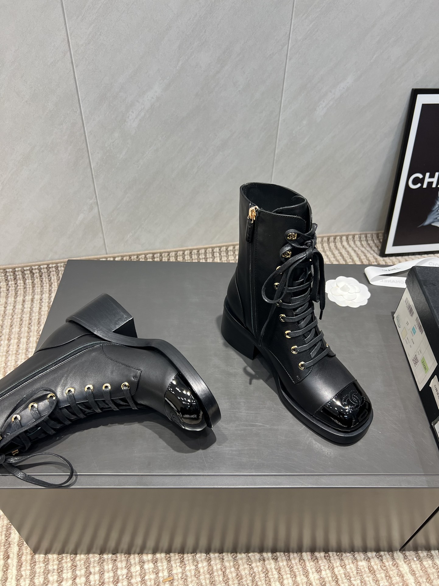 Chanel Women's Black Leather Lace-Up Round Toe Mid-Calf Boots 8 i1755279732 98 3