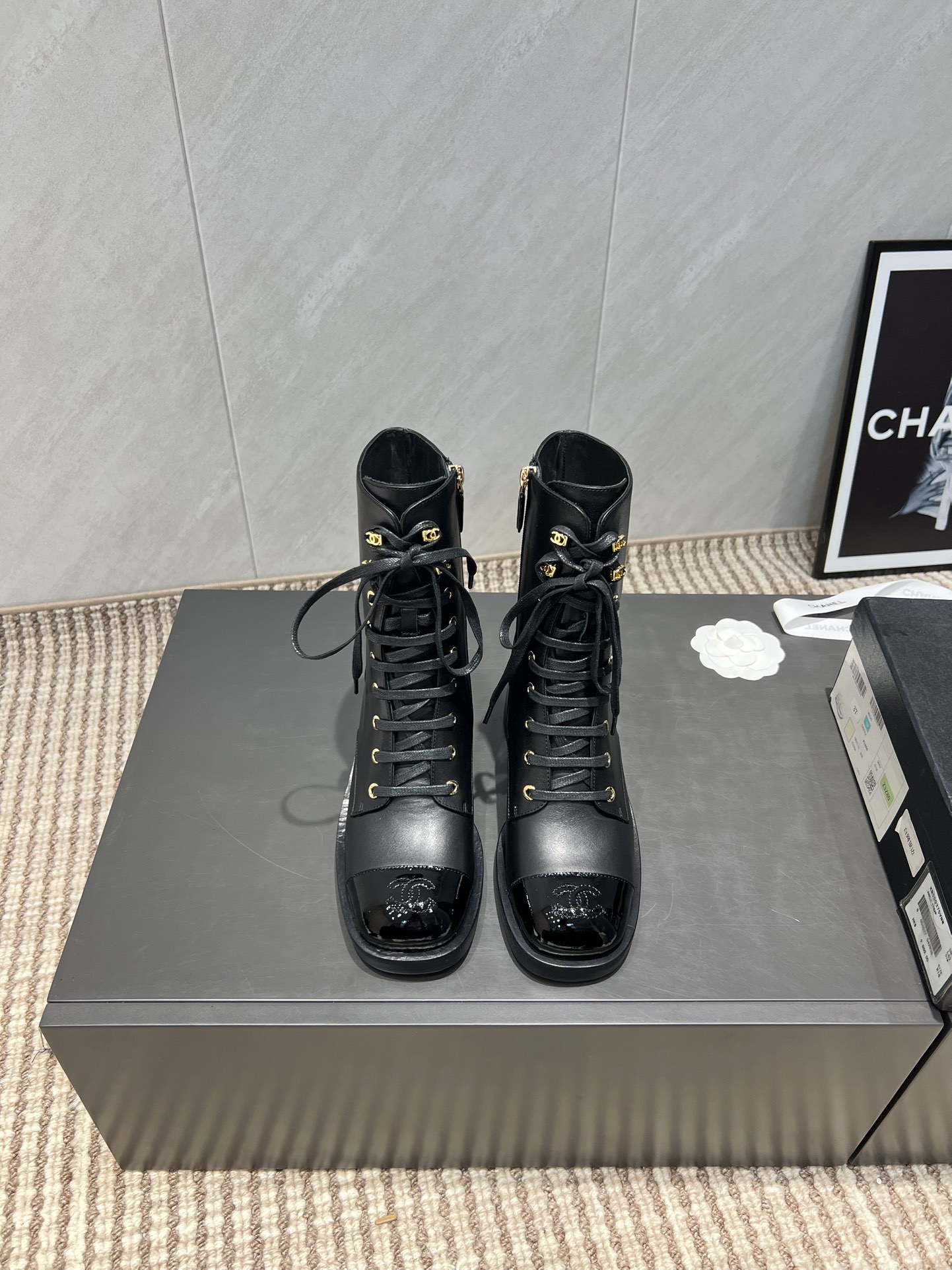 Chanel Women's Black Leather Lace-Up Round Toe Mid-Calf Boots 3 i1755279733 4382 8