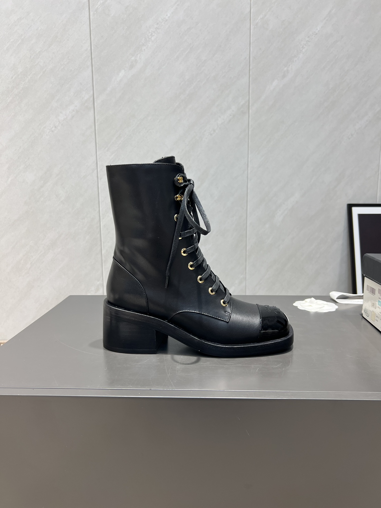 Chanel Women's Black Leather Lace-Up Round Toe Mid-Calf Boots 2 i1755279733 4593 7