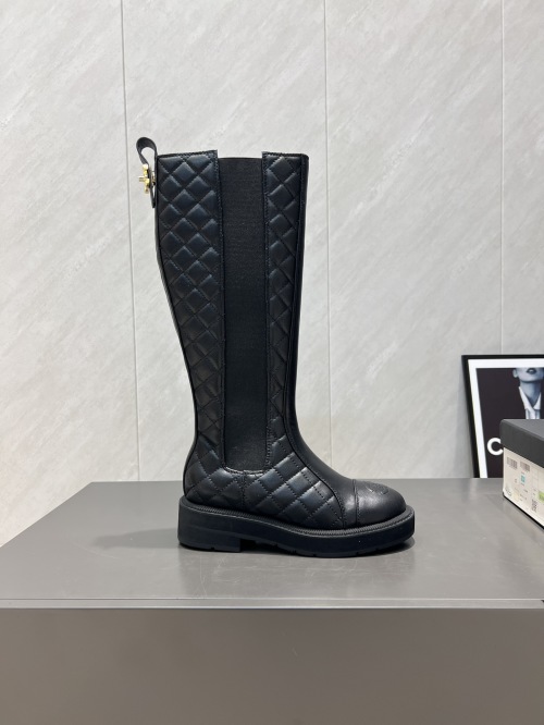Chanel Women's Black Leather Quilted Round-Toe High Boots - 2025 Collection
