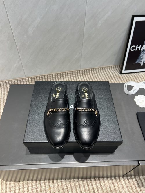 Chanel Women's Black Leather Loafers with Chain Detail, Round Toe, Slip-on 1 Chanel Women's Black Leather Loafers with Chain Detail, Round Toe, Slip-on