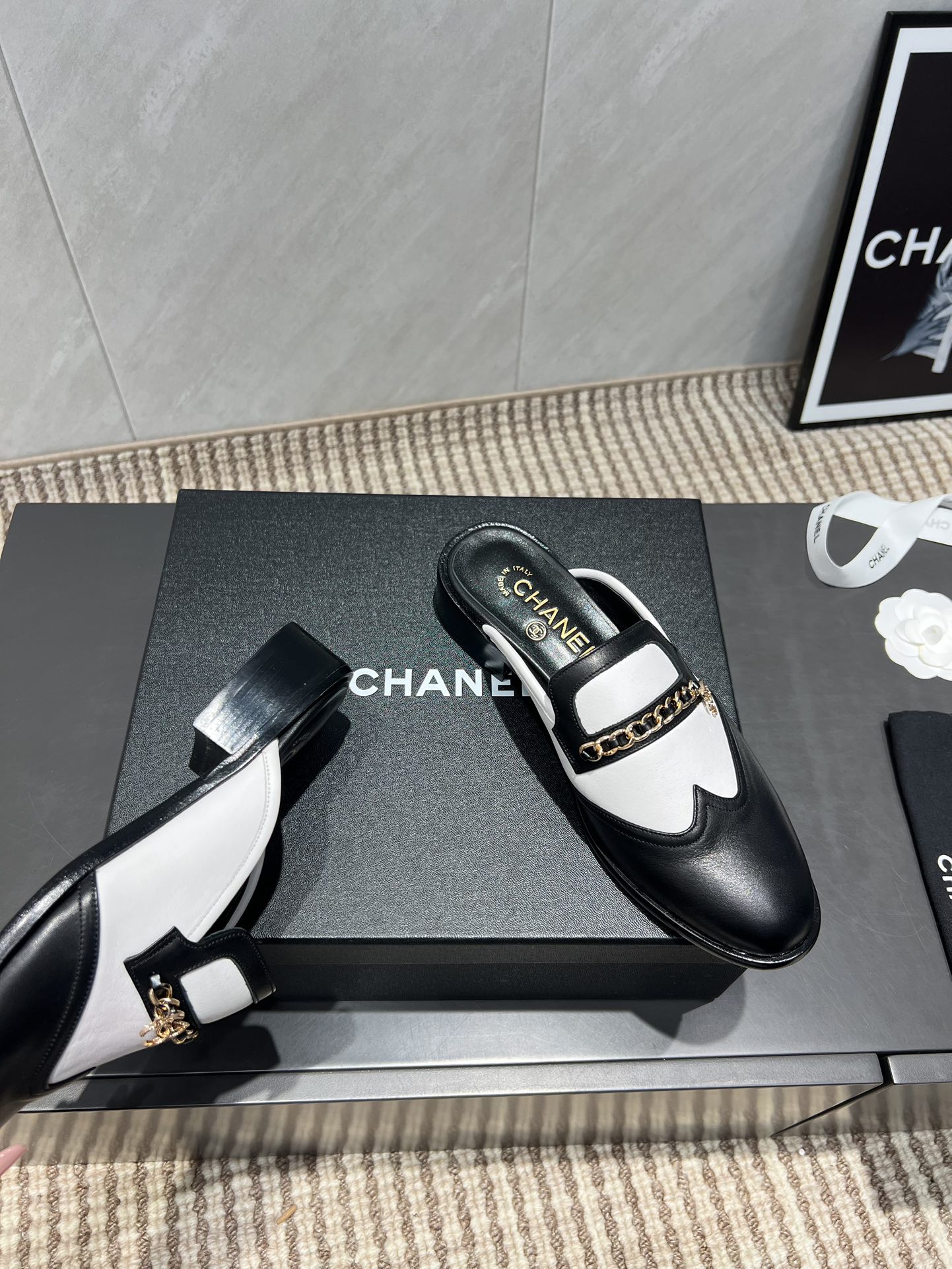 Chanel Women's Black & White Leather Chain Embellished Loafer Mules 10 i1755283850 5725 1