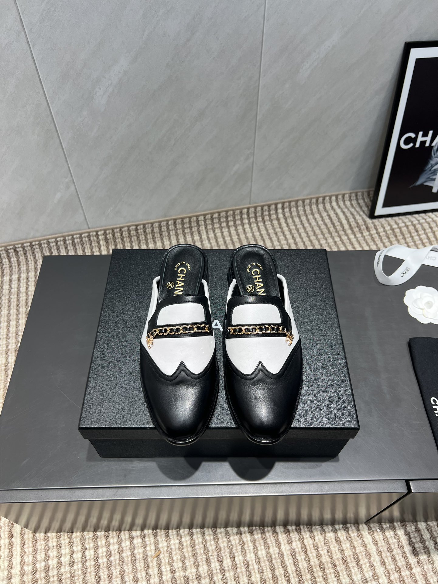 Chanel Women's Black & White Leather Chain Embellished Loafer Mules 2 i1755283851 2341 3