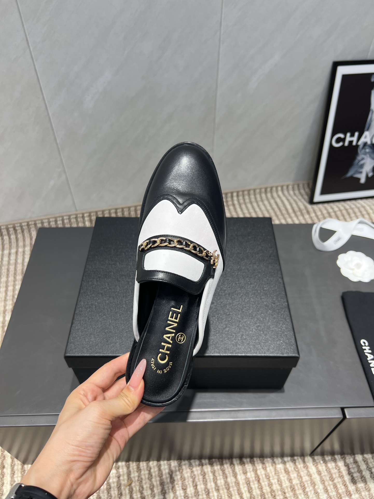 Chanel Women's Black & White Leather Chain Embellished Loafer Mules 7 i1755283851 4516 5