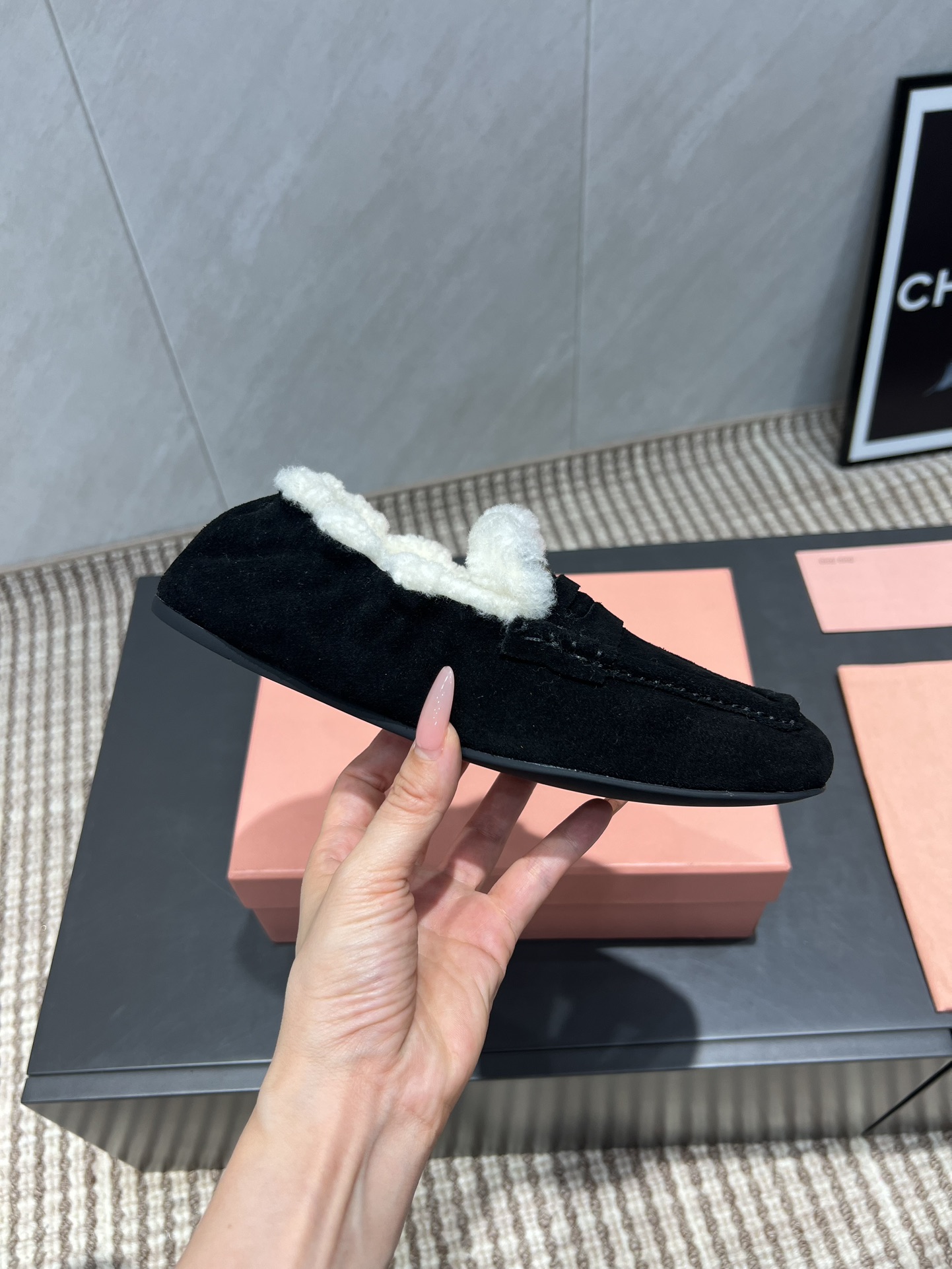 Miu Miu Women's Black Suede Shearling Slippers Square Toe Slip-Ons 6 i1755415342 7408 7