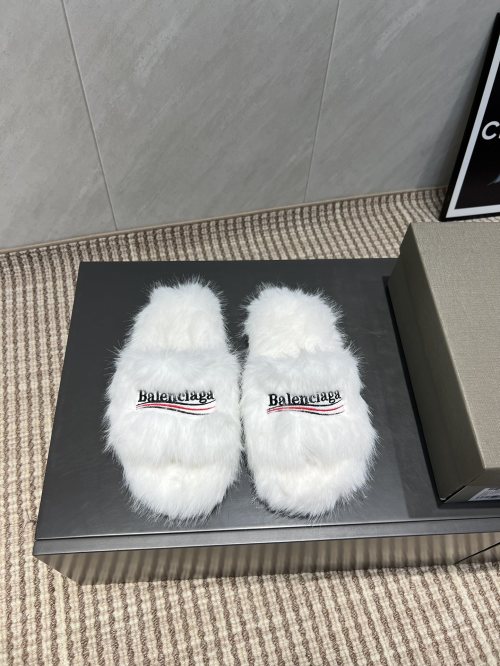 Balenciaga Women's White Furry Couple Slides - Comfortable and Stylish