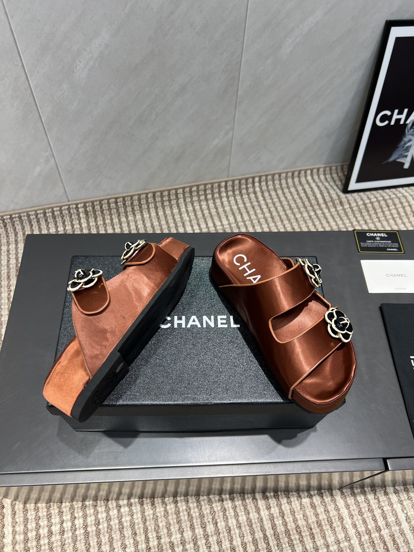 Chanel Women's Brown Silk Flower Accent Sandals - Summer Essential 9 i1755418945 6338 0