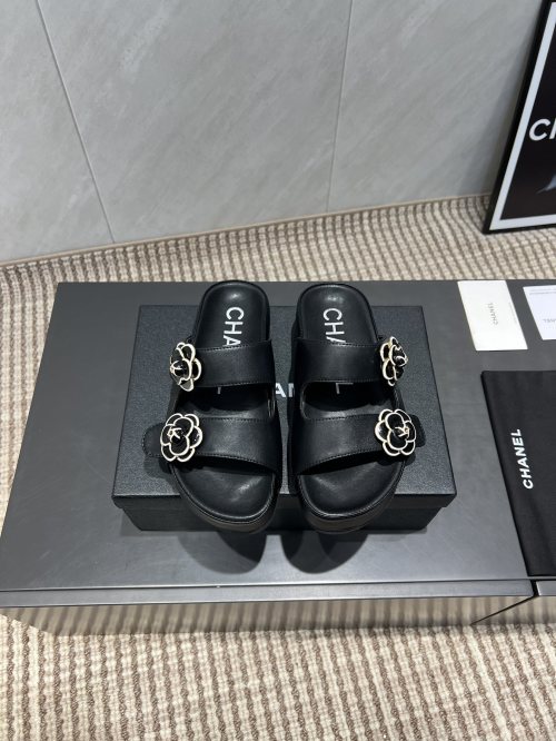 Chanel Women's Flower-Accent Leather Sandals, Black, Comfortable Summer Style 1 Chanel Women's Flower-Accent Leather Sandals, Black, Comfortable Summer Style