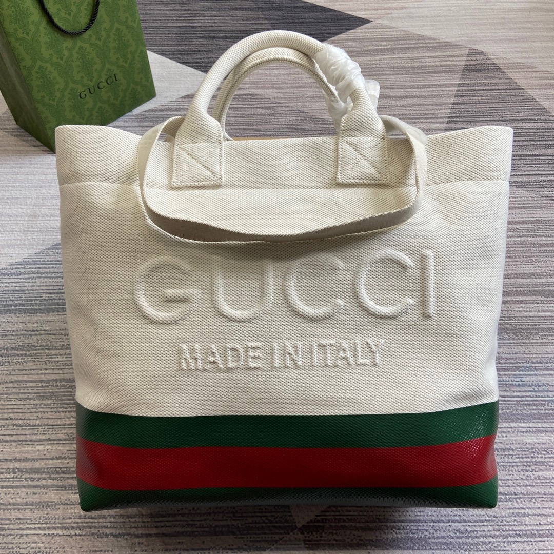 GUCCI 帆布托特包 織帶滾邊 壓花細節