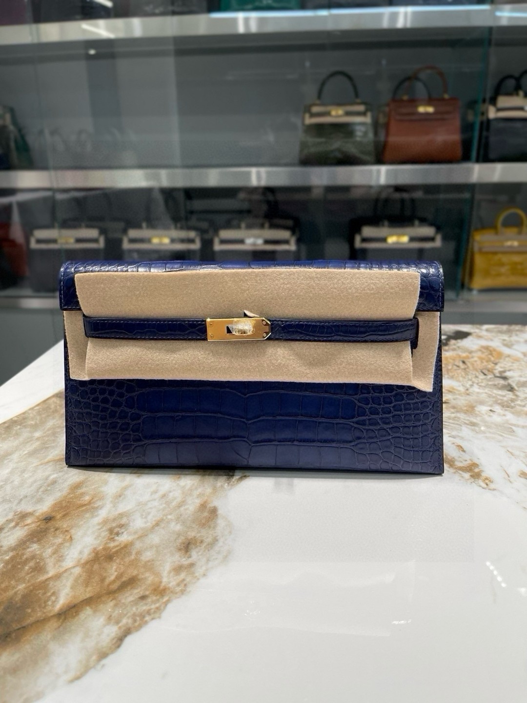 Elegant Blue Crocodile Embossed Leather Clutch with Gold-Tone Hardware