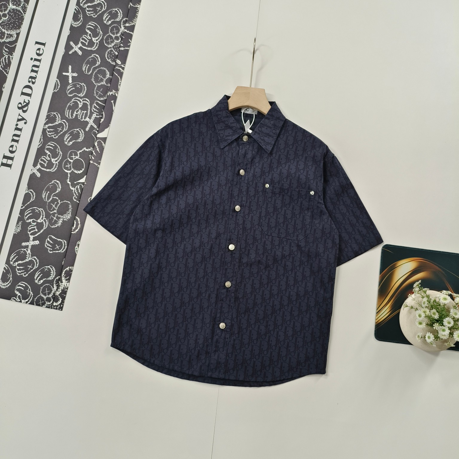 Dior Summer Short-Sleeve Logo Shirt, Navy Blue Cotton Denim Casual Top