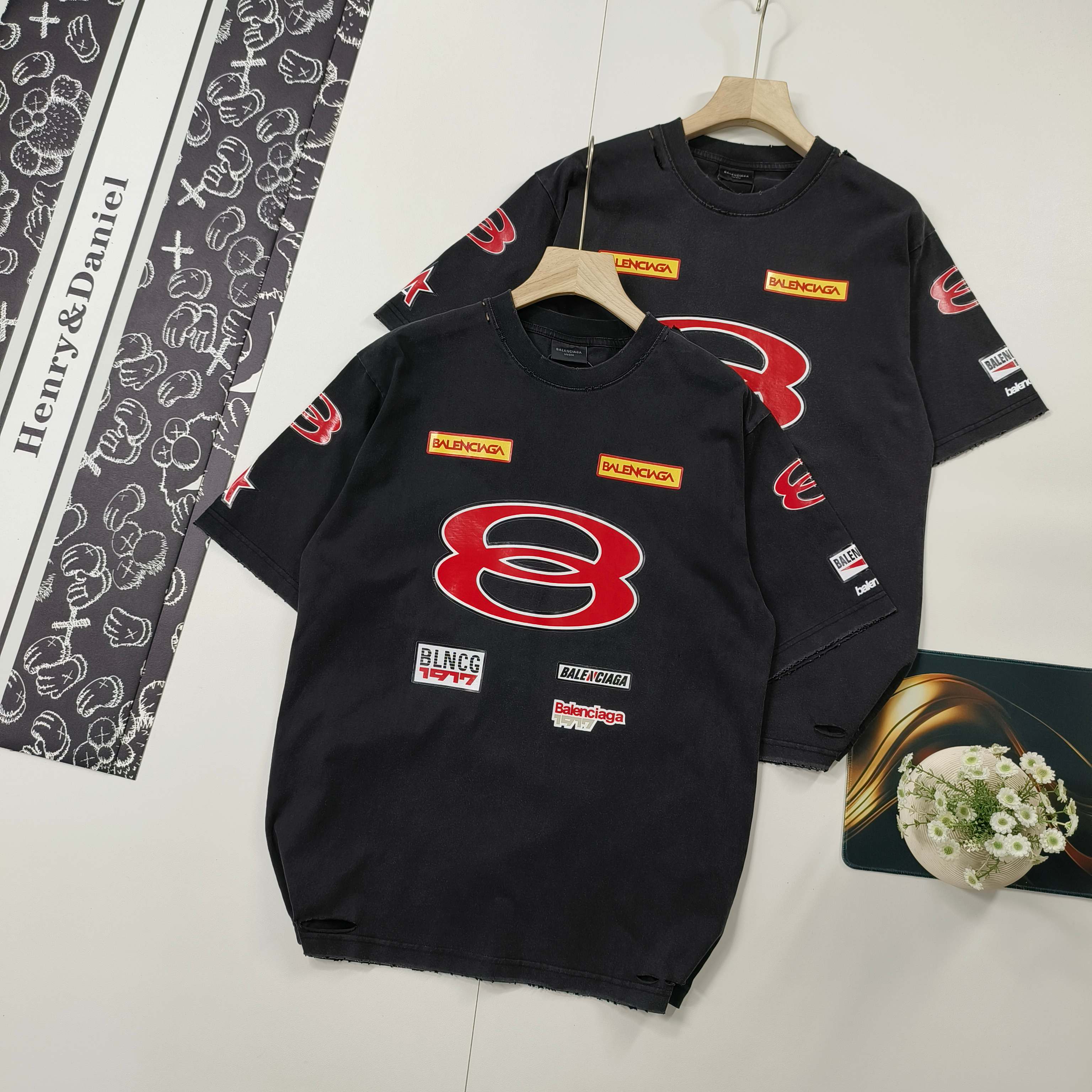 Balenciaga Men's Black Sponsor Logos Graphic Print Short Sleeve T-Shirt