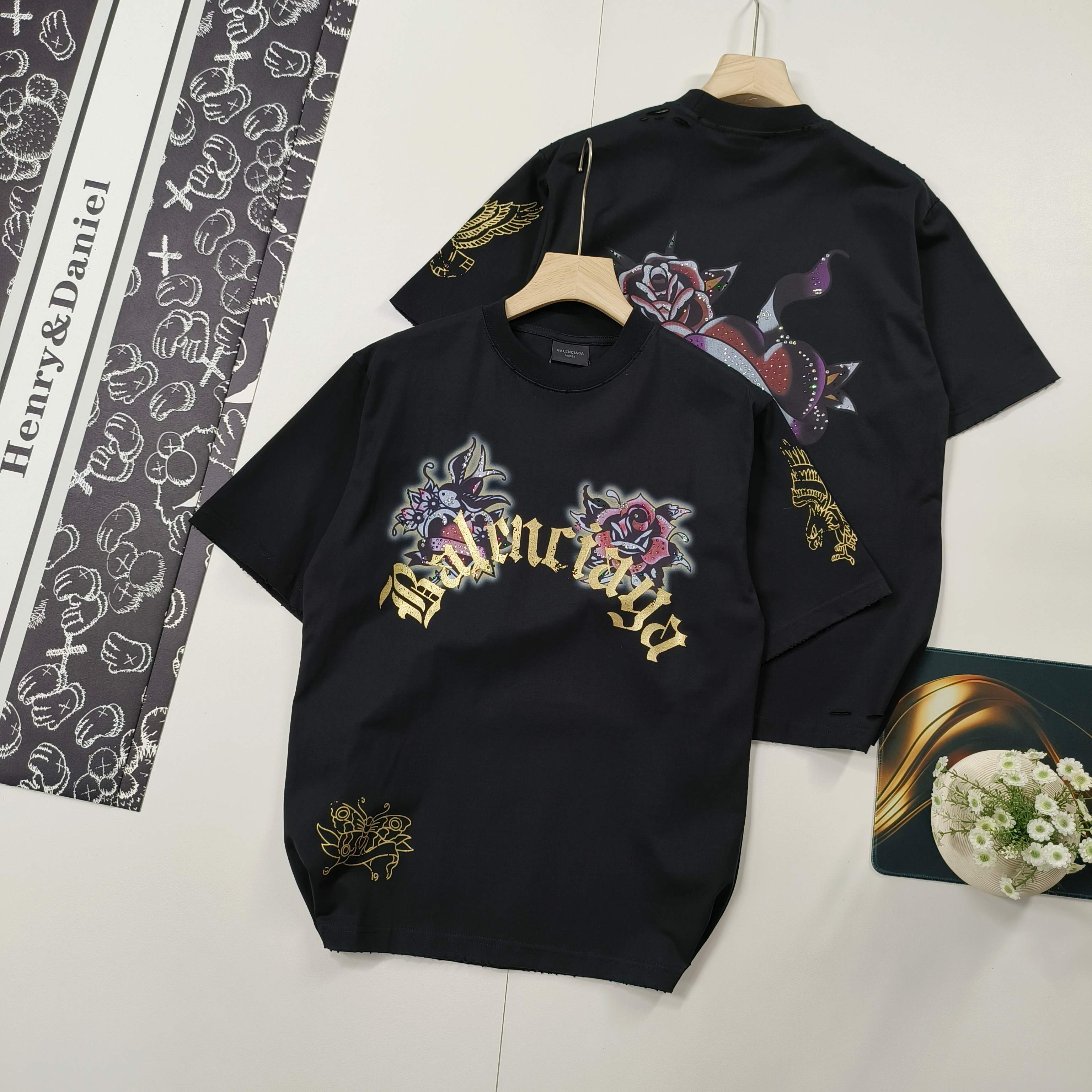 Balenciaga Men's Black Tattoo Graphic Print Short Sleeve T-Shirt